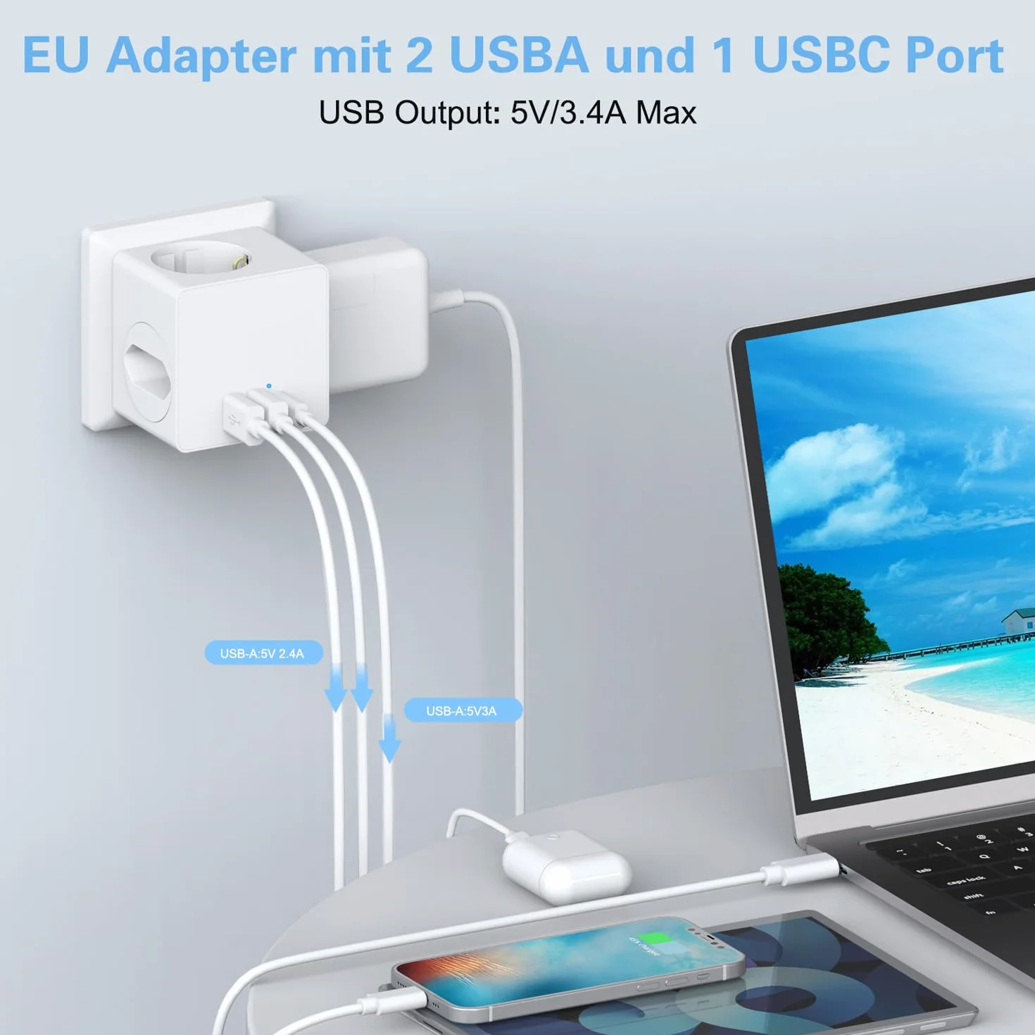 Kostka do gniazdka, bez kabla, z USB C, kostka z USB, 4000 W, listwa zasilająca Cube, listwa zasilająca do gniazdka, adapter do domu i biura