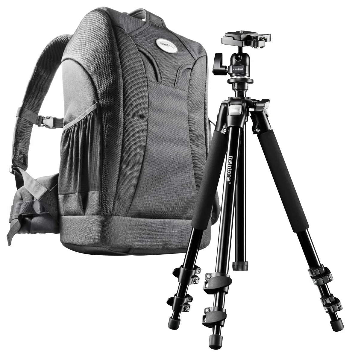 Mantona Scout Trekking 2 w 1 zestaw (łącznie z plecakiem trekkingowym i statywem do aparatu Scout 142 cm, nadaje się do lustrzanek cyfrowych i systemowych, z ochroną przed kradzieżą)