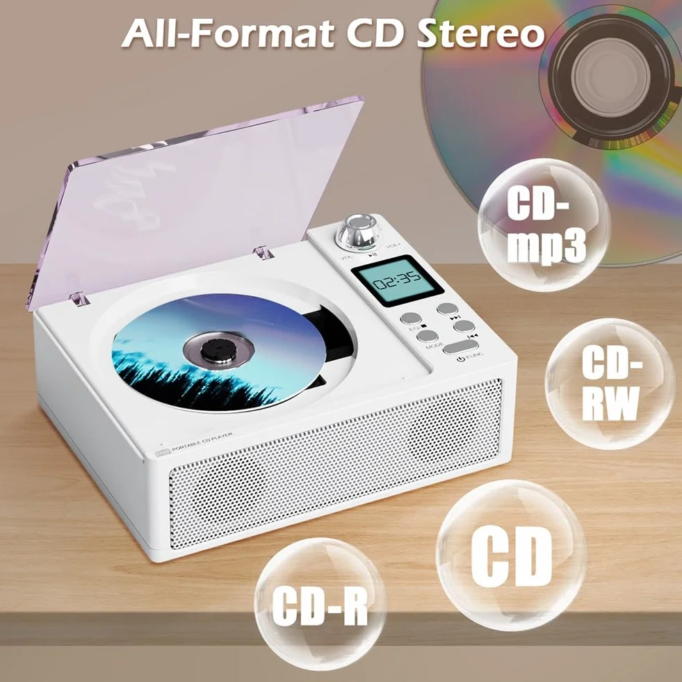 Hifi jakość dźwięku podwójny głośnik przenośny Bluetooth retro odtwarzacz CD Clayer, obsługuje kartę USB/TF / FM biały