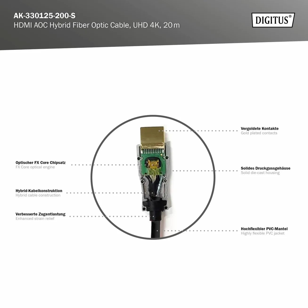 DIGITUS HDMI AOC Hybrydowy kabel światłowodowy - HDMI 2.0b - 4K/60Hz - UHD - Kanał Ethernet - HDR ARC HDCP 2.2 - Pozłacane styki - 20m - Czarny