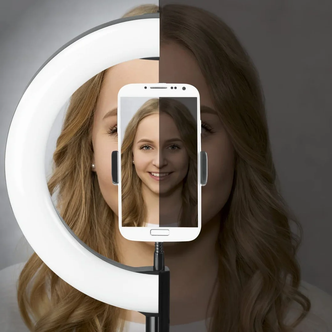 Hama Pierścień świetlny LED ze statywem i uchwytem na telefon komórkowy (pierścień świetlny 26,5 cm, lampa pierścieniowa z pilotem zdalnego sterowania Bluetooth, 3 temperatury barwowe, 10 poziomów