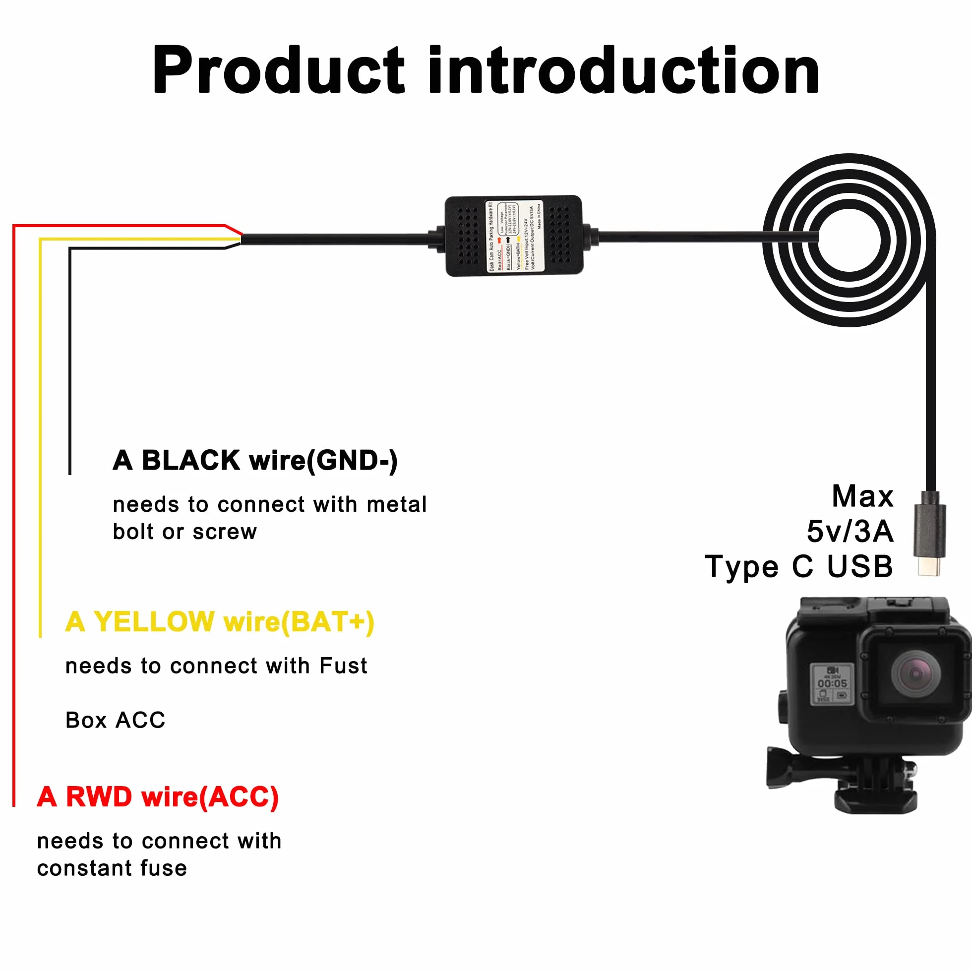 MEIRIYFA Zestaw kamery samochodowej ACC Hardwire, USB typu C Hardwire Dashcam Kit Step-Down kabel, 12 V-24 V do DC 5 V 3 A przewód zasilający ładowarki samochodowej - 3,5 m