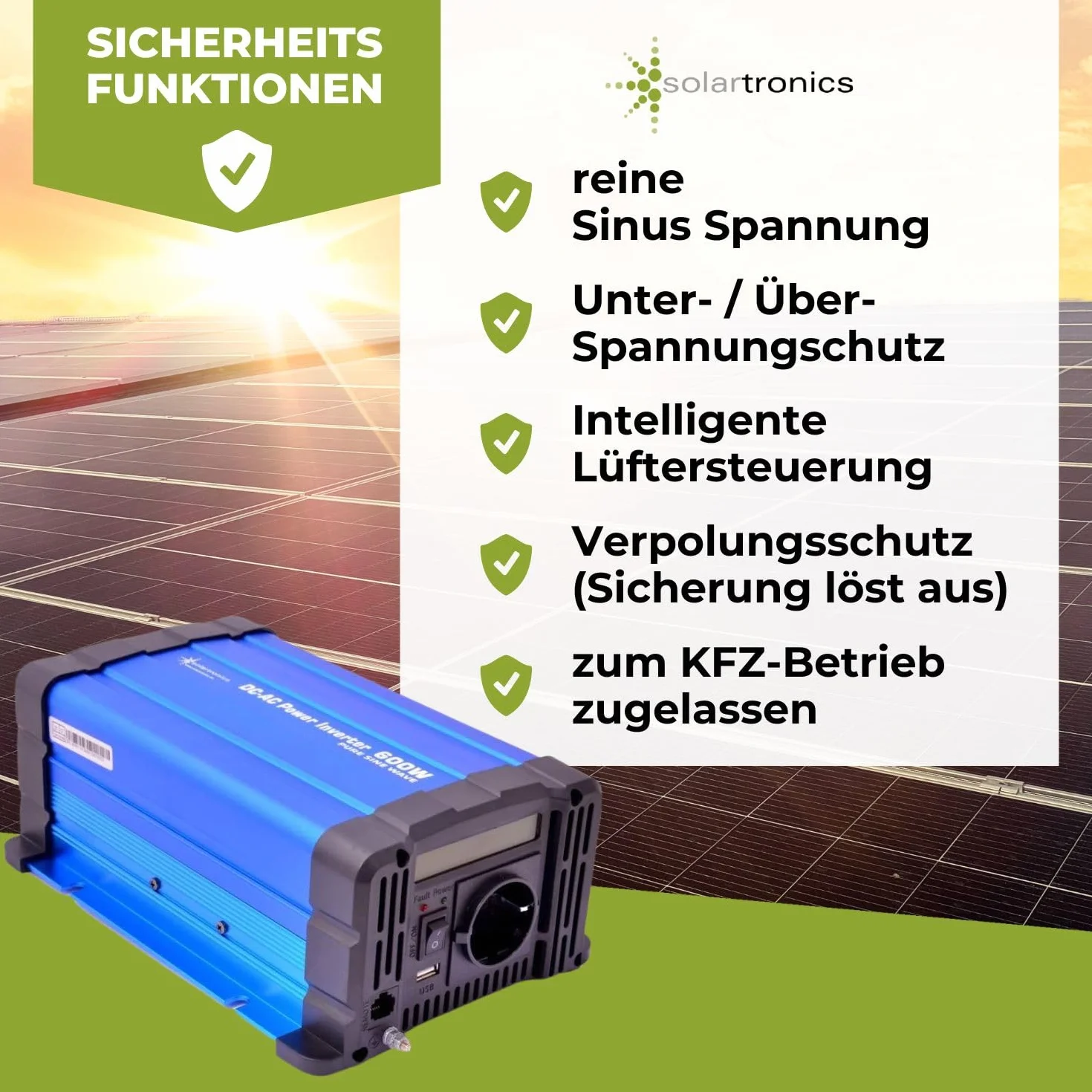 solartronics Przetwornica napięcia FS600D 12 V 600 W Czysty sinus niebieski m. Display Inverter falownik
