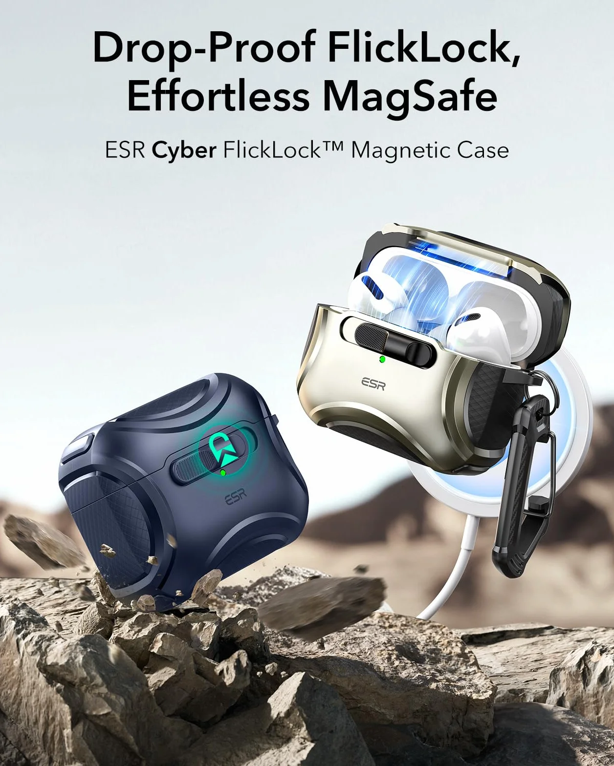 ESR Etui do AirPods Pro 2, kompatybilne z AirPods Pro 2./1. generacji (2023/2022/2019), kabel USB-C/Lightning, gotowe MagSafe, bezpieczne zamknięcie, łatwe otwieranie, seria Cyber, niebieskie