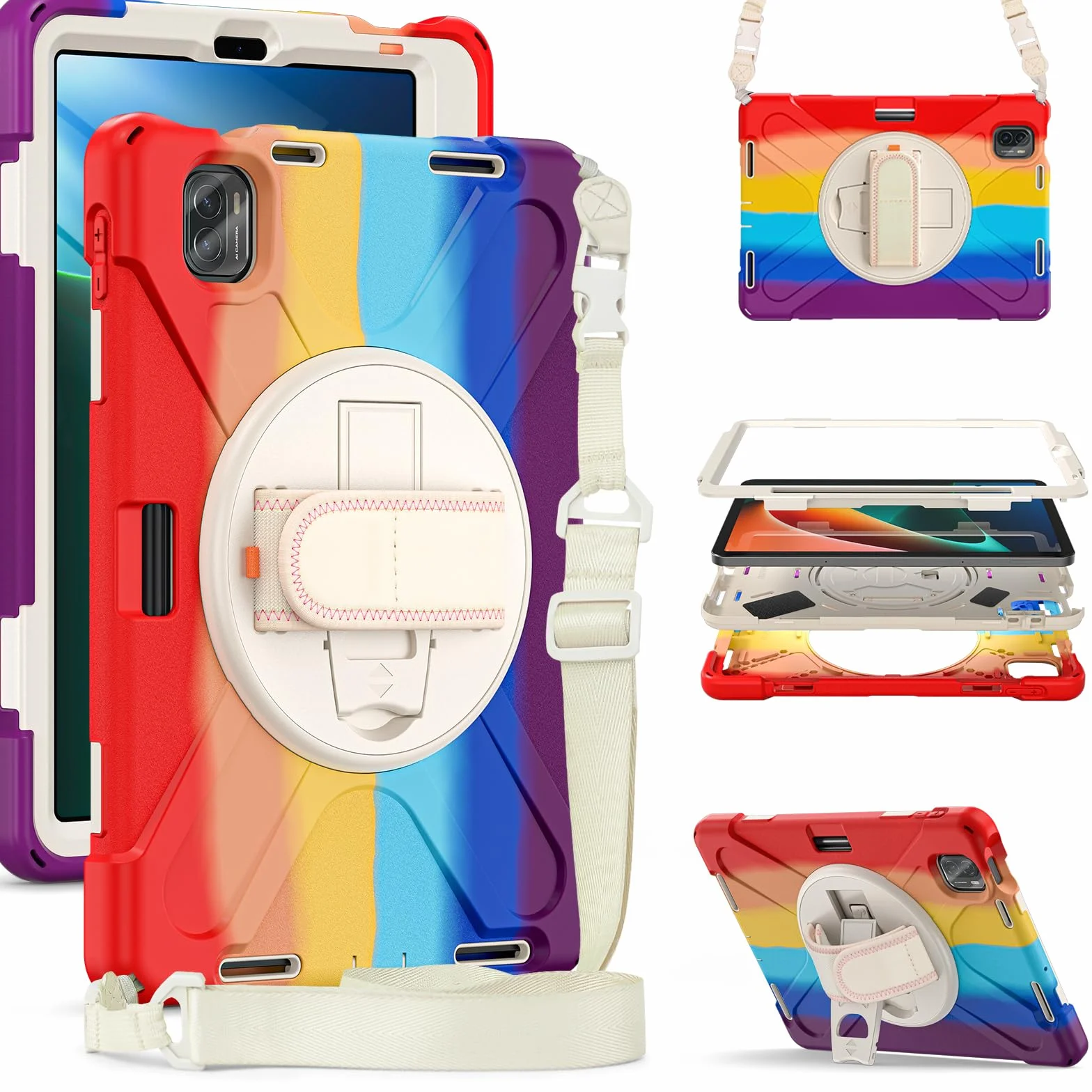 Etui na Xiaomi Pad 5 / Pad 5 Pro z uchwytem na długopis 11 cali 2021, wytrzymałe, odporne na wstrząsy etui ochronne z obrotowym paskiem na rękę o 360, pasek na ramię, kolor czerwony