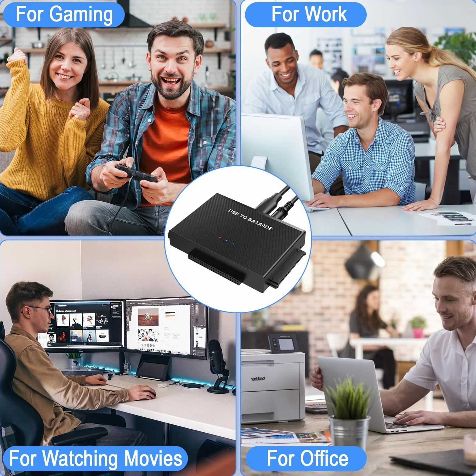 Adapter USB 3.2 na SATA/IDE, dysk twardy, odpowiedni do dysków twardych SATA 6.3 cm i 8.9 cm, obsługuje pojemność 6 TB, z zasilaczem 12 V 2 A, kompatybilny z Windows/Mac OS/Linux itp.