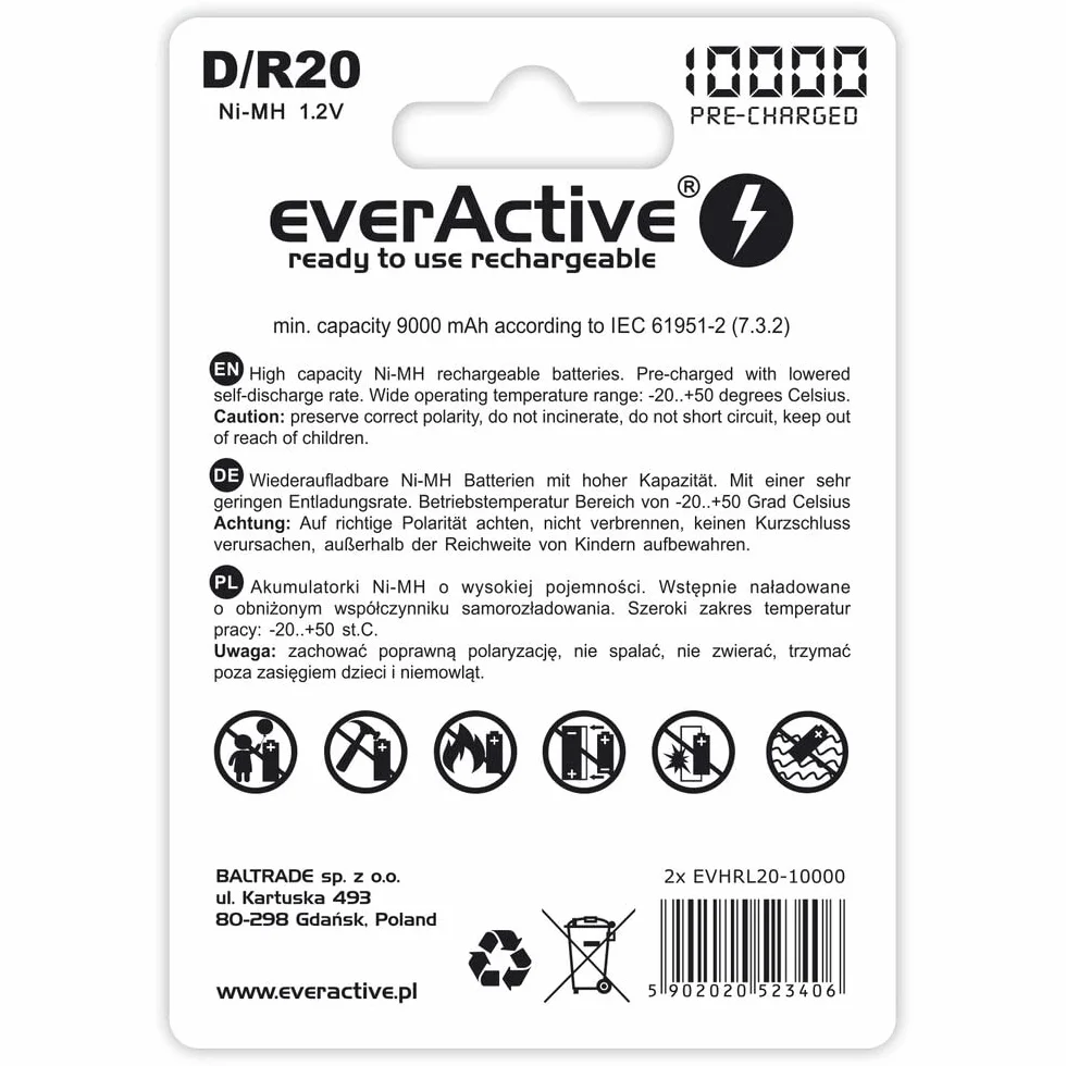 EVERACTIVE Akumulatorki R20/D 1,2V 10000mAh 2 sztuki