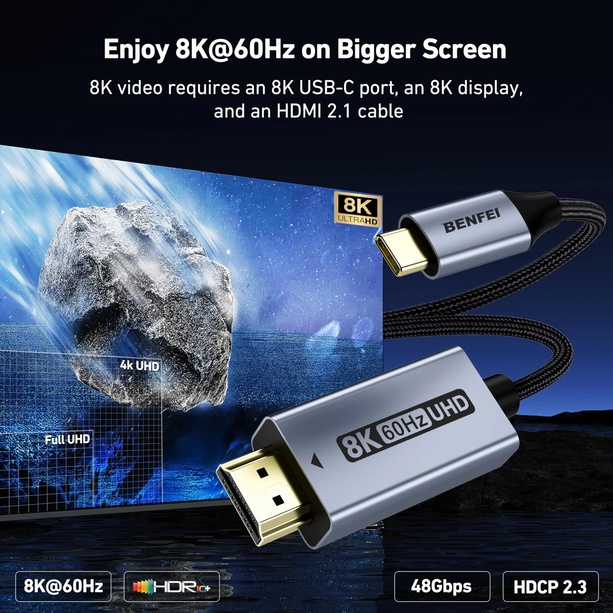 Kabel BENFEI USB C na HDMI 2.1 (8K@60Hz, 4K@240Hz, 6 stóp, obudowa aluminiowa, w oplocie nylonowym) Zgodny z iPhonem 15/16 Pro/Max, MacBookiem Pro/Air 2023, iPadem Pro, Book 2 Więcej