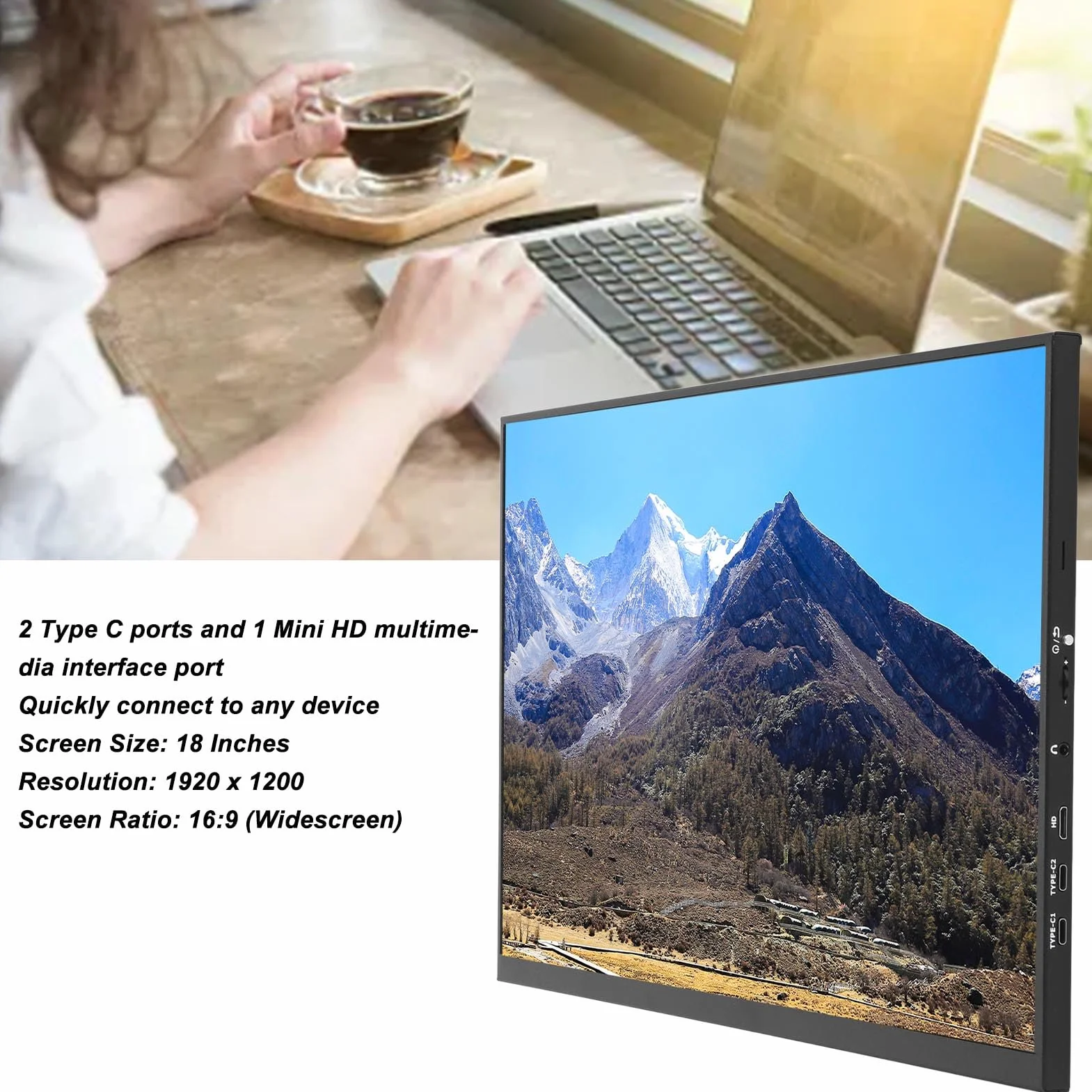 Przenośny Monitor 18 Cali, 1920x1200 HDR USB C HDMI Gaming Ultra Cienki Wyświetlacz IPS, Eye Care Zewnętrzny Drugi Ekran do Konsoli do Gier Telefonicznych na PC