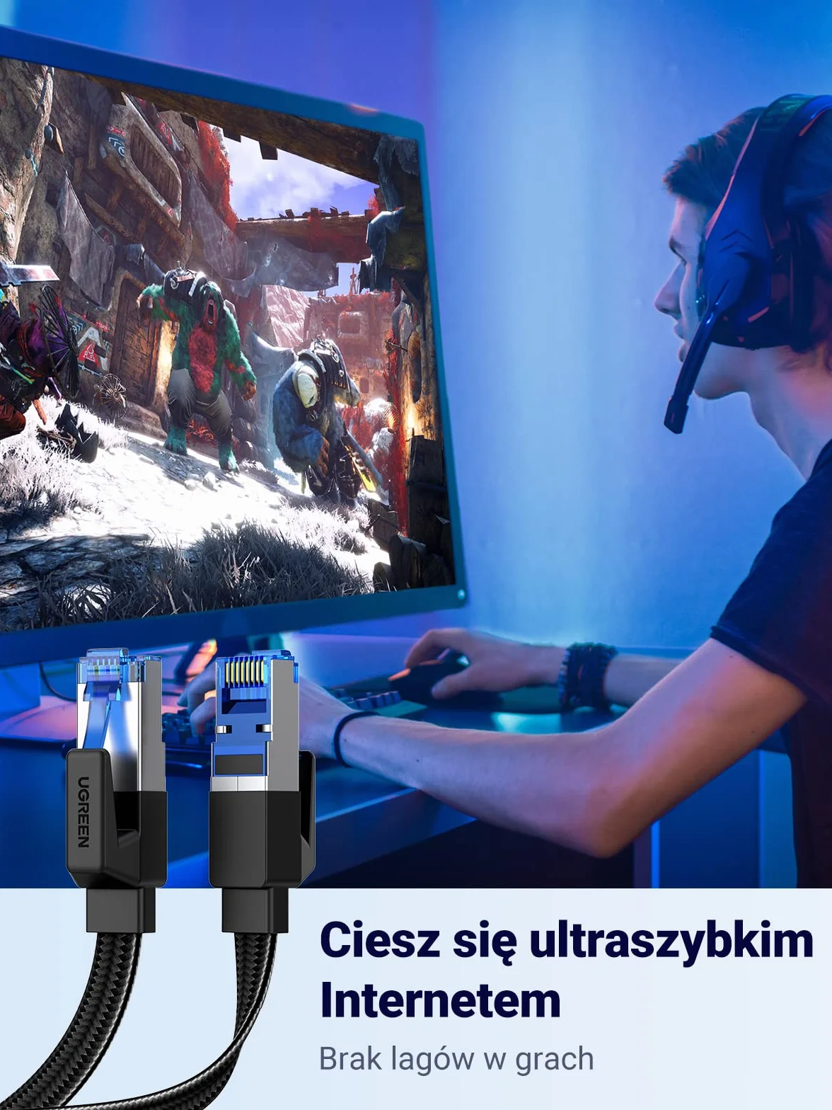 UGREEN Kabel Ethernet Cat8 Płaski Pleciony 40Gbps 2000Mhz Kompatybilny Z Ps5, Ps4, Sky Box, Smart Tv, Switch, Routerem Itp. (0,5M)
