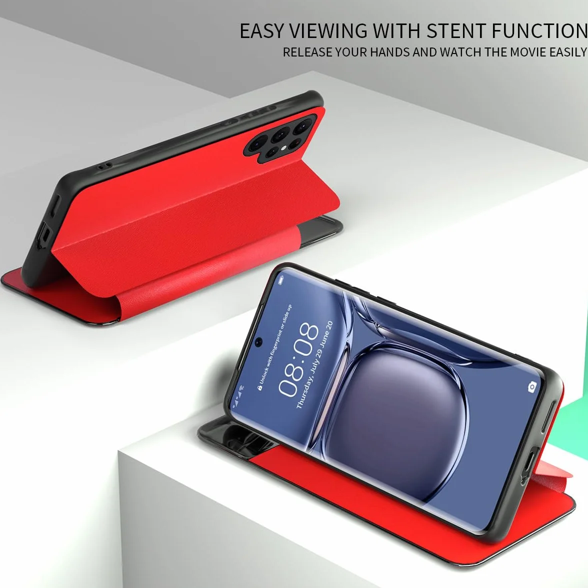 Etui z klapką do Samsunga Galaxy S24 Ultra/S24 Plus/S24, skórzane inteligentne etui z klapką na telefon komórkowy z gniazdem na kartę, etui chroniące aparat, pomarańczowe, S24 Plus