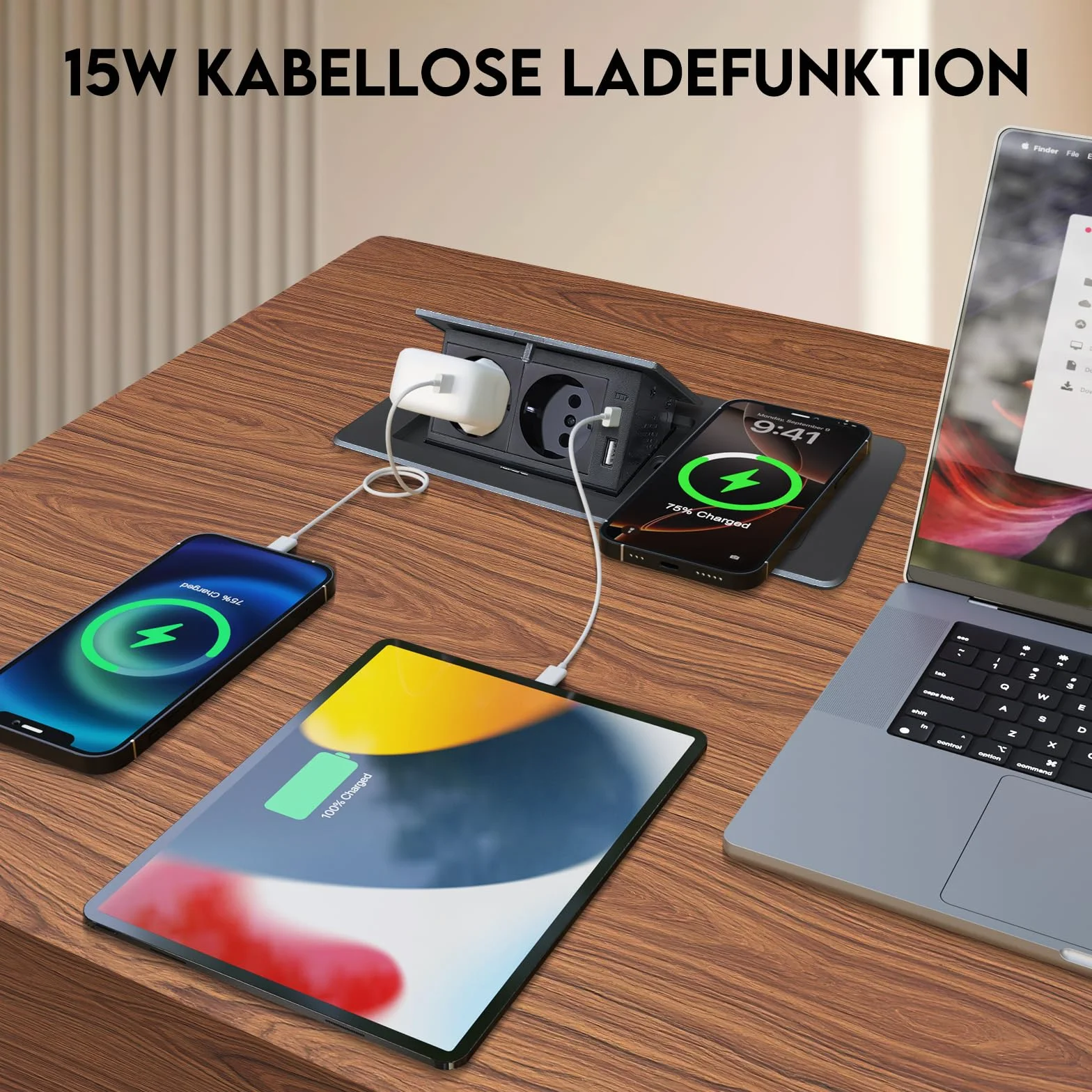 Wysuwane gniazdko elektryczne, 2-krotne, PD20 W, szybkie ładowanie, USB C, z bezprzewodową ładowarką 15 W, do blatu roboczego, biurka