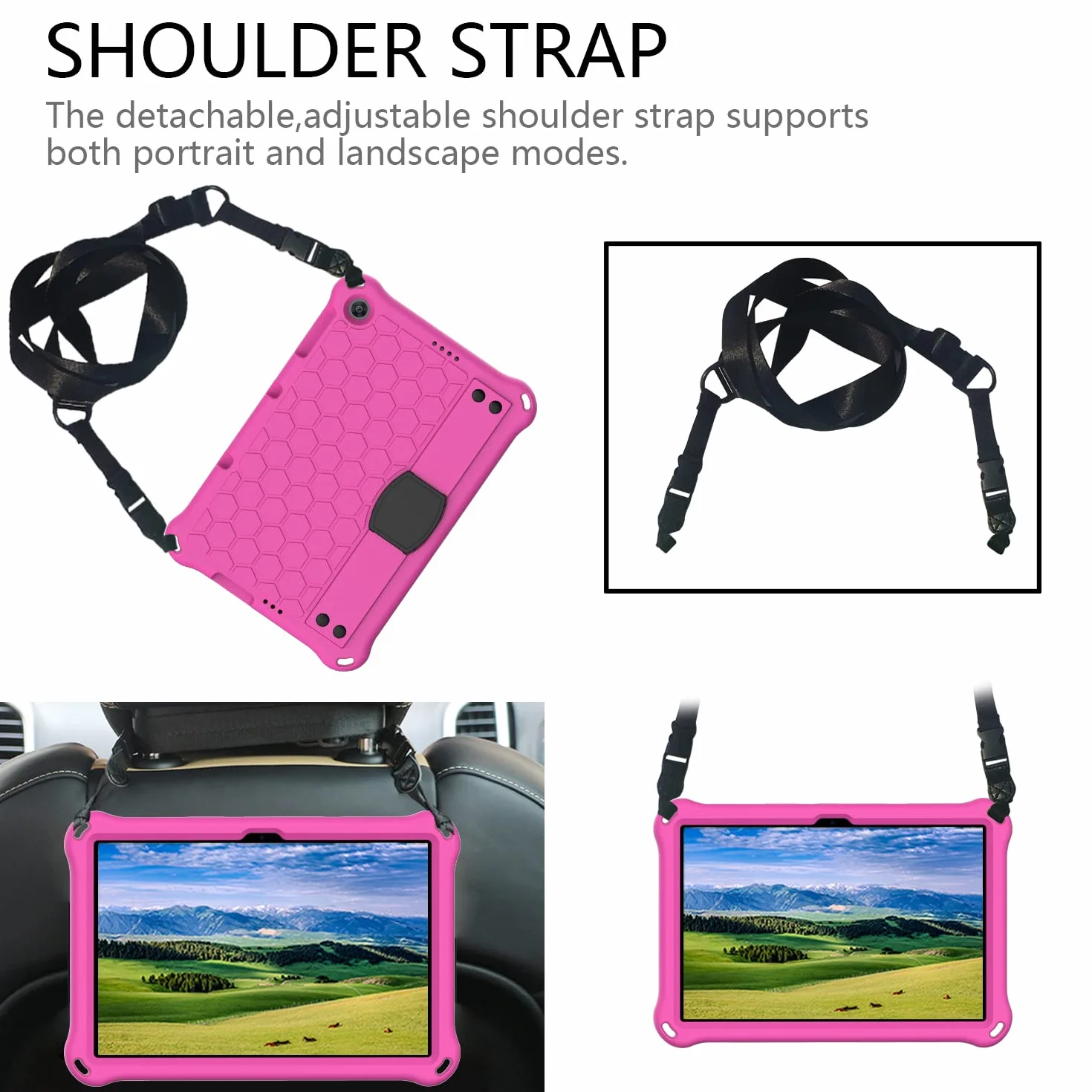 Etui ochronne do Huawei MatePad T10 9,7 cala / MatePad T10s 10,1 cala / Enjoy Tablet 2 (2020), wytrzymałe, odporne na wstrząsy silikonowe etui ochronne z uchwytem stojakiem i paskiem na ramię - różowo-czerwone + czarne