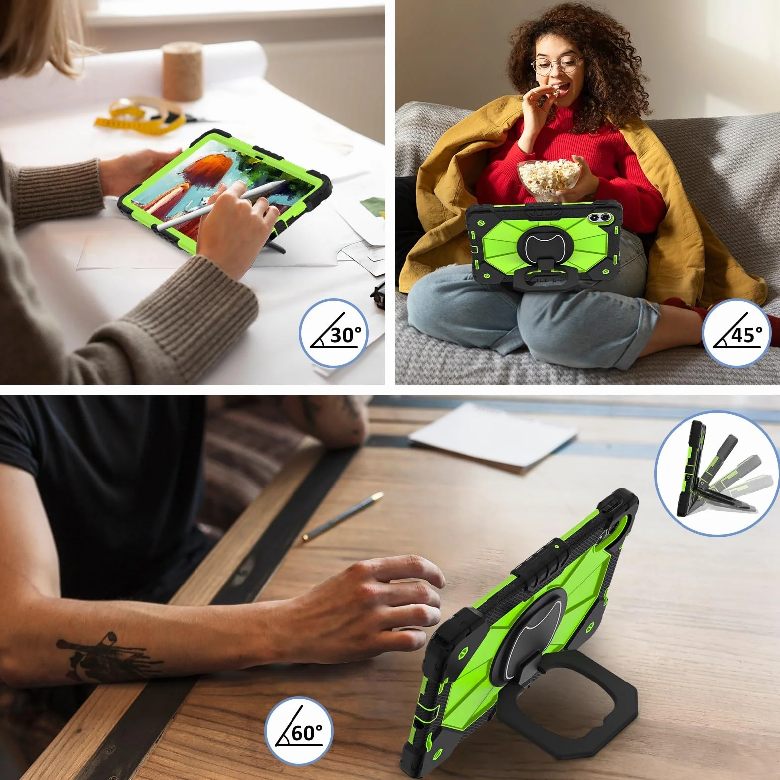 Etui do Xiaomi Redmi Pad 2 Pro 12,1 cala model 2025, wytrzymała, odporna na wstrząsy osłona, etui ochronne W 360 obrotowa podpórka + pasek na rękę + pasek na ramię (czarny + zielony 2)