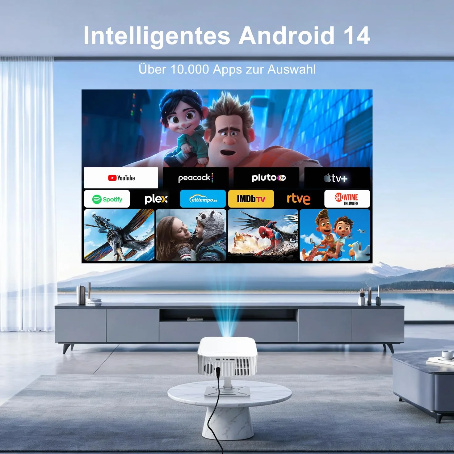 Salange Beamer,Native 1080P Projektor Unterstützt 4K, Android 14 Smart Beamer mit WiFi6 und Bluetooth 5.4 Elektronischer Fokus & Auto Korrektur, One Click Use Built-in YouTube/PrimeVideo/D+