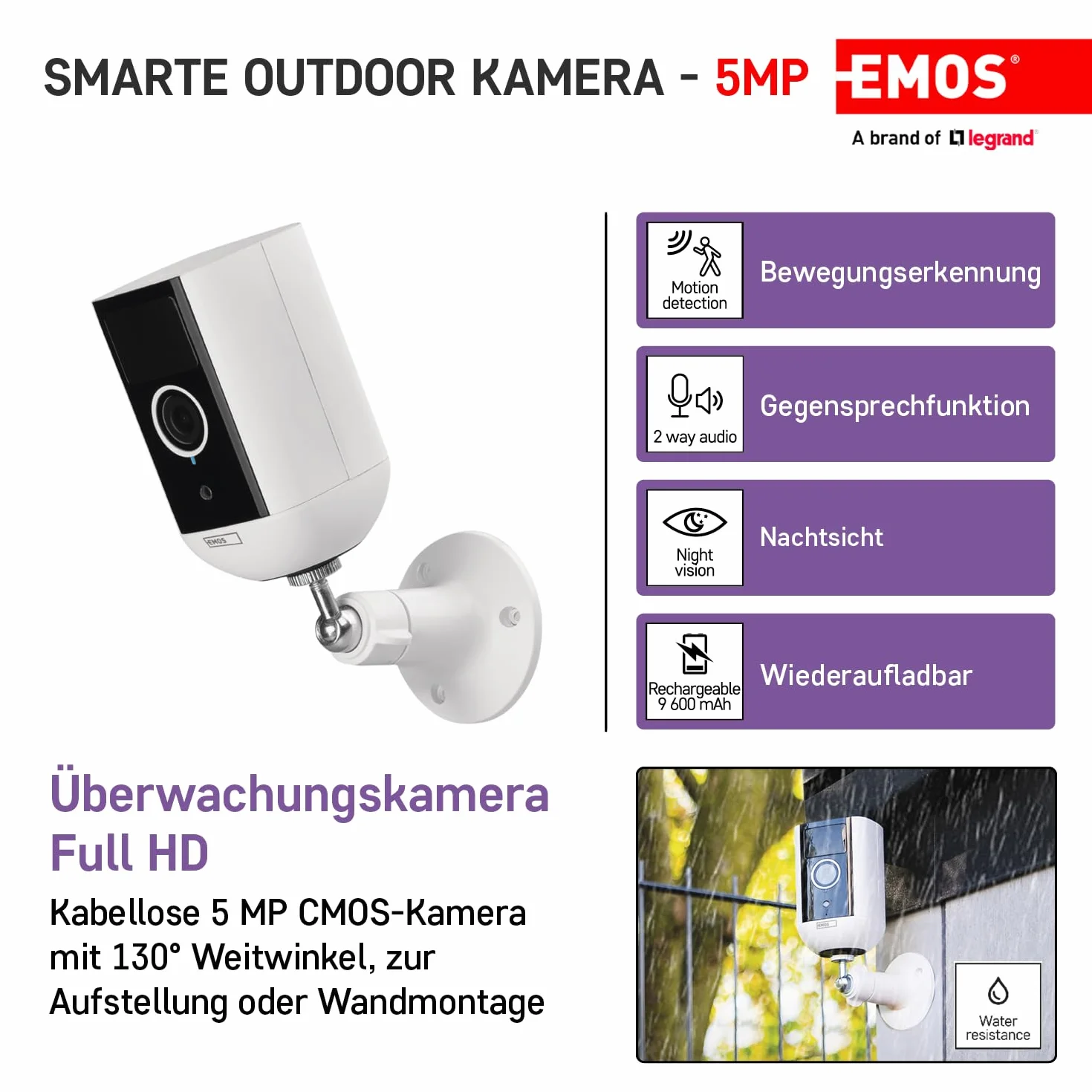 EMOS GoSmart kamera do monitoringu wewnątrz i na zewnątrz, 5 MP, uniwersalna kamera WLAN IP z aplikacją, wykrywanie ruchu, widoczność w nocy, akumulator, kompatybilna z Google Assistant i Alexa -