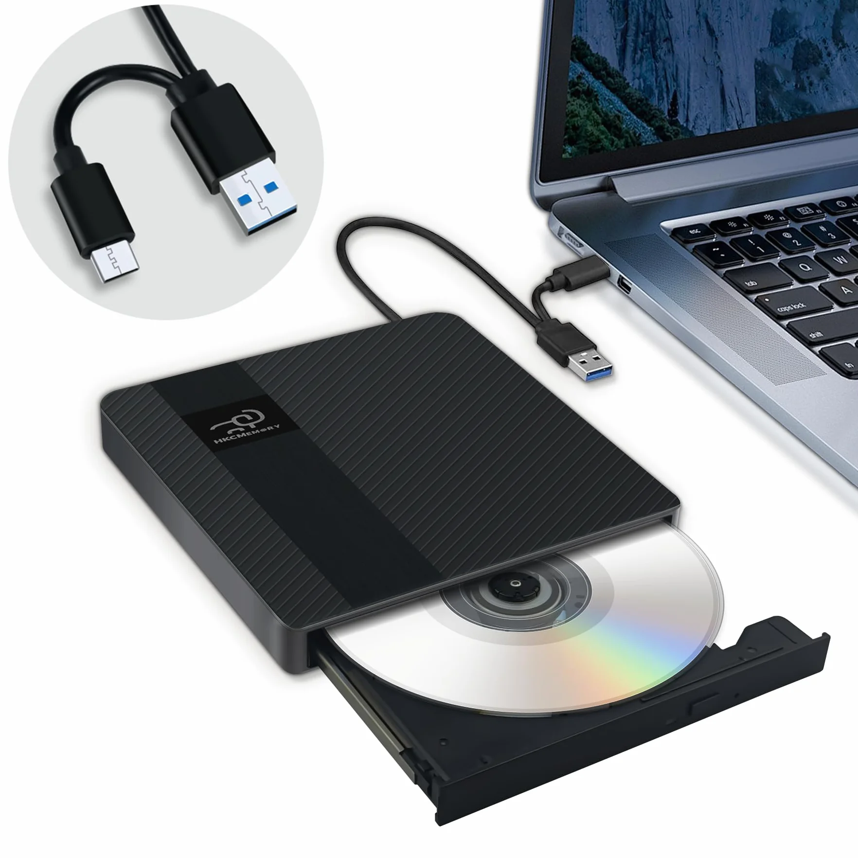 Zewnętrzny napęd CD/DVD USB 3.0 i typ C, smukły i przenośny czytnik nagrywarek DVD +/-RW CD ROM, kompatybilny z laptopem stacjonarnym PC Mac MacBook Pro/Air, Windows 11/10/8/7/XP, Linux (2 w 1)