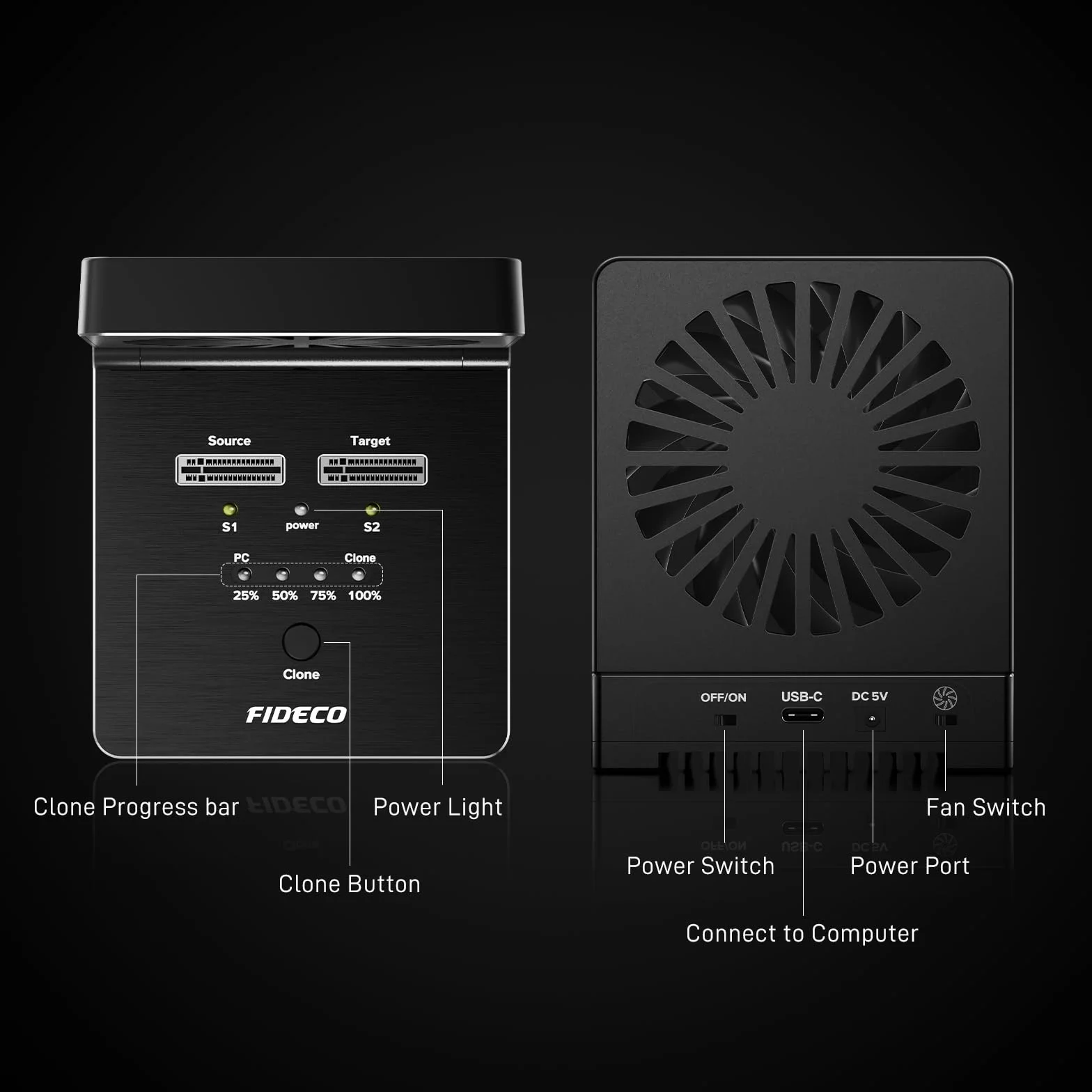 FIDECO M.2 NVMe SATA SSD Cloner Dock, USB 3.2 Gen 2, 20 Gb/s NVMe Cloner Duplicator ze składanym wentylatorem chłodzącym, obsługa klonu offline, UASP i TRIM, aluminiowa konstrukcja