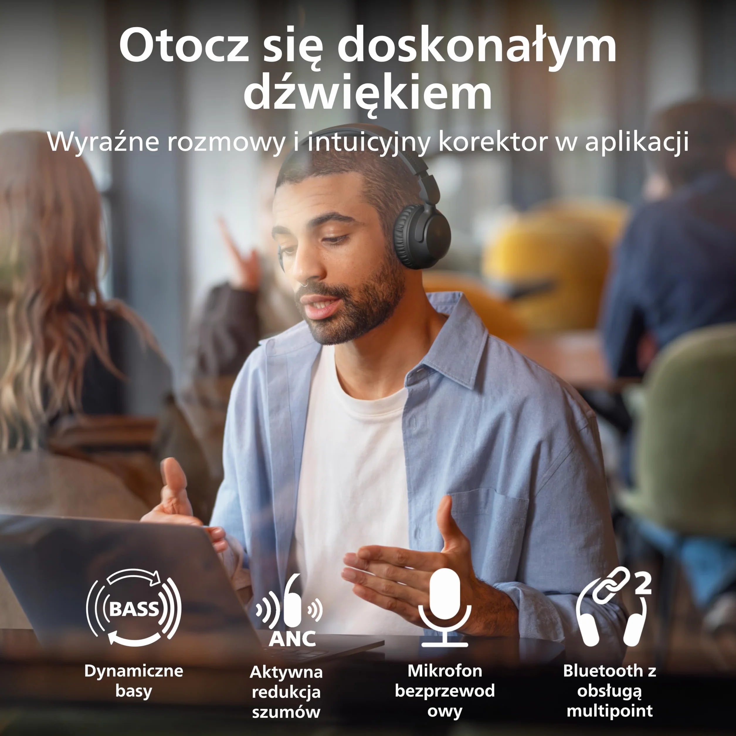 Philips Bezprzewodowe słuchawki nauszne TAH4500BK z redukcją hałasu, 70 godzin odtwarzania, Dynamic Bass, przetworniki 32 mm, Bluetooth 6.0 Multipoint, wymienne poduszki i akumulator – czarne