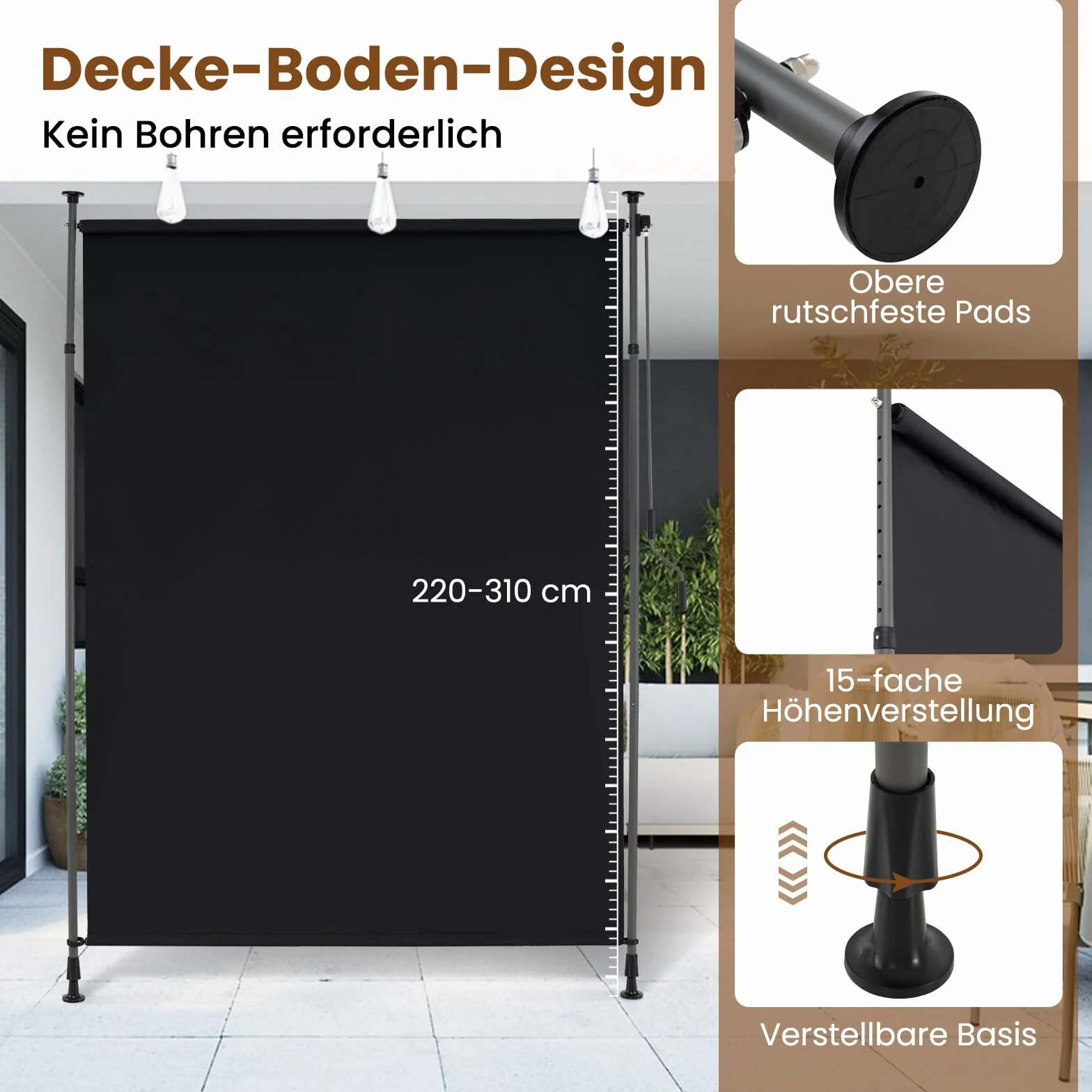 COSTWAY Markiza pionowa zewnętrzna, markiza pionowa, 250 x 220-310 cm, z regulacją wysokości i wysuwana, bez wiercenia, roleta balkonowa z korbą, ochrona przed spojrzeniami, na balkon, taras