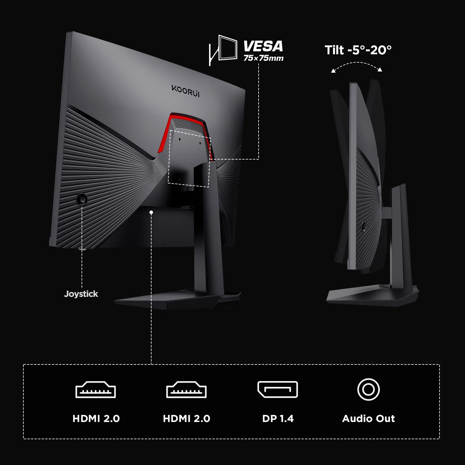 KOORUI Monitor gamingowy 24.5", 180Hz, FHD(1920 x 1080), PC monitory FreeSync &G-Sync kompatybilny z (VA, 1ms, 99% sRGB, Eye Care, 2 x HDMI, DisplayPort, VESA 75 x 75