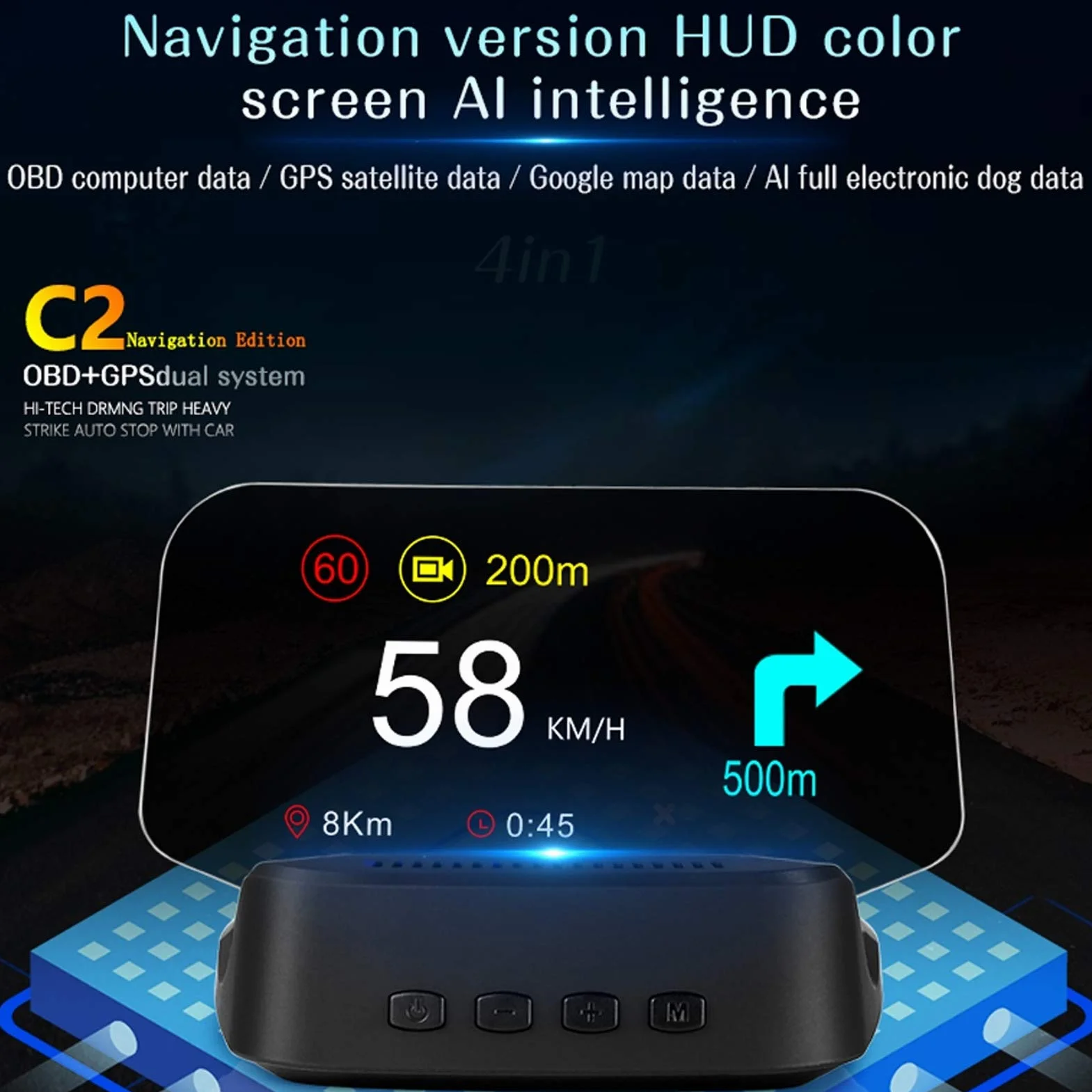 Wyświetlacz Head Up, Fydun Auto OBD2 + System nawigacji System HUD Wyświetlacz Head-Up Cyfrowy projektor prędkości samochodu Uniwersalny wielofunkcyjny
