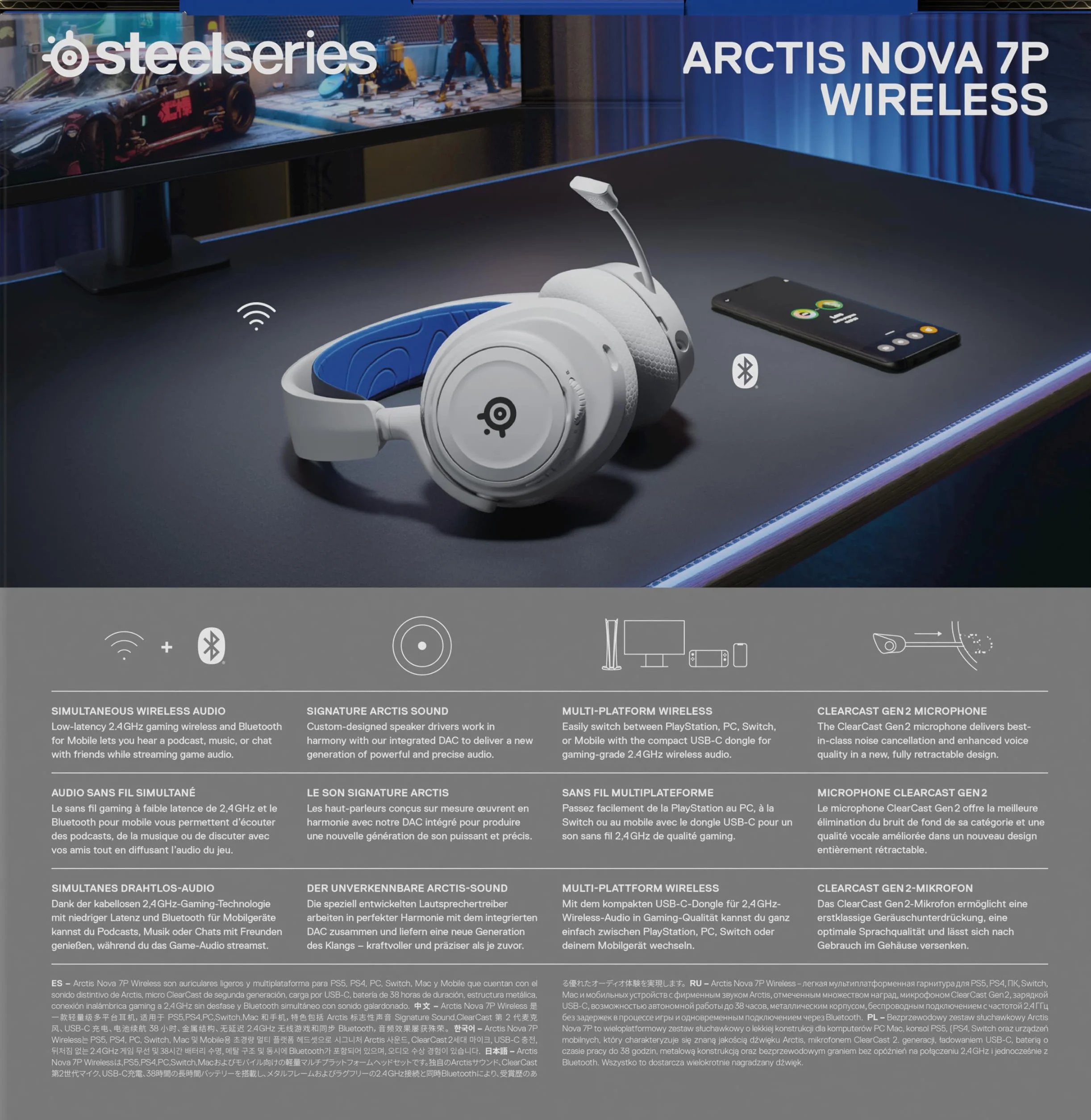 SteelSeries Arctis Nova 7P Wireless — Wieloplatformowy zestaw słuchawkowy do gier i urządzeń mobilnych — 38 godzin pracy na baterii — USB-C — Wysuwany mikrofon — PlayStation, PC, VR, Switch
