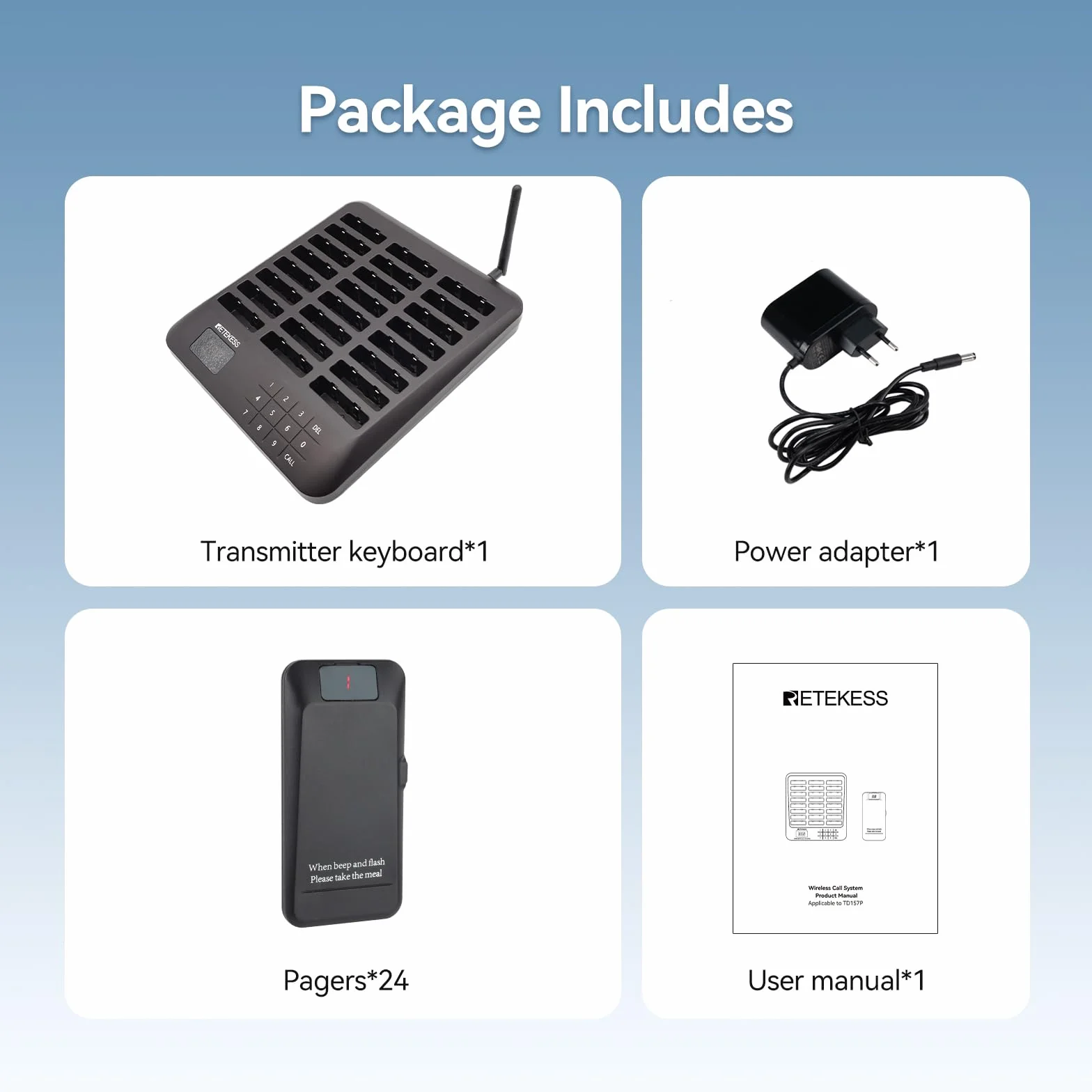 Retekess TD157P Bezprzewodowy System Przywoławczyi, 24 Pagerów, 800M, 39 Wzorców Połączeń, Bateria 300 mAh 24H, System Przywoływania Gości Nadaje Się do Food Courtów, Centrów Handlowych, Placów Zabaw