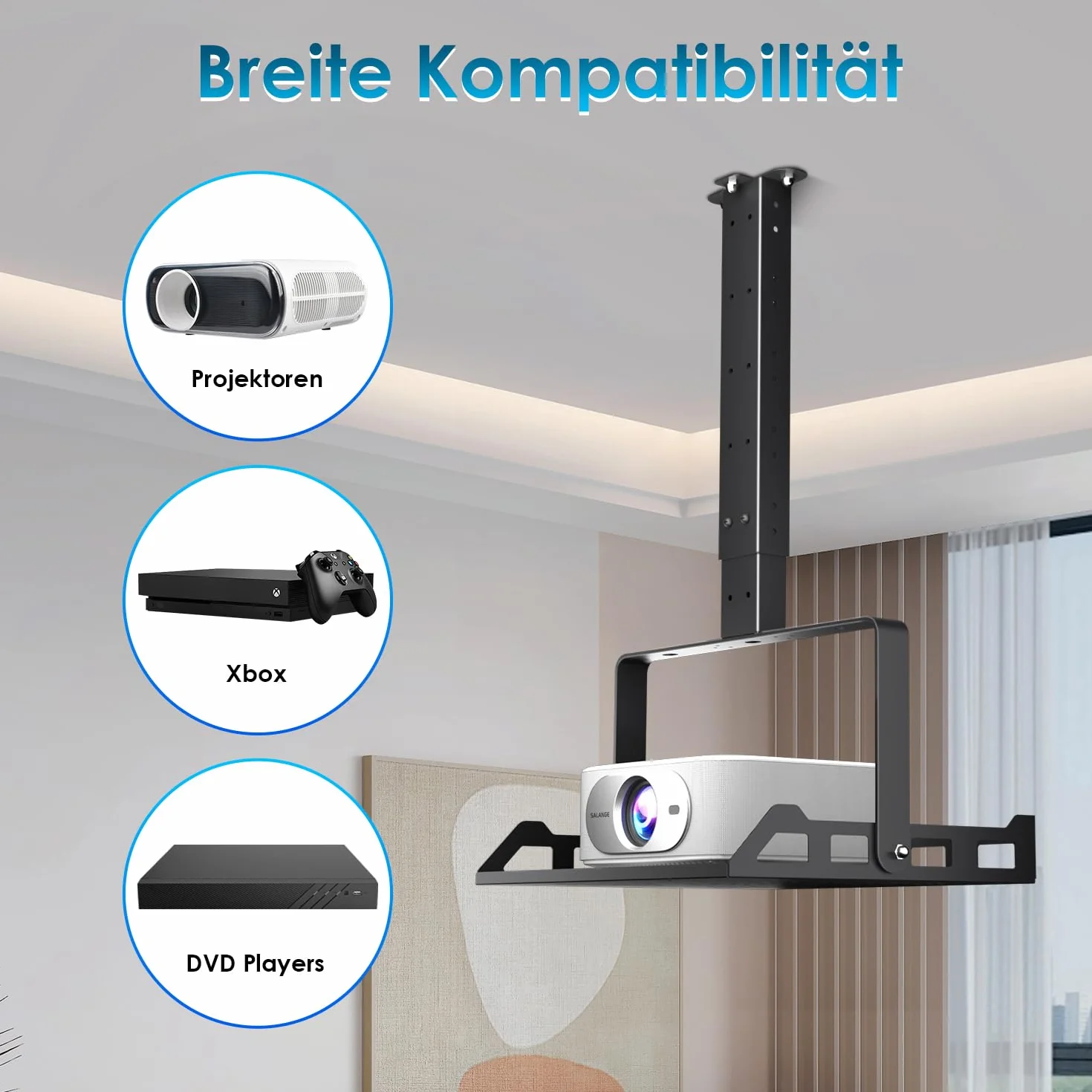 Salange Uchwyt na projektor do sufitu, uchwyt na projektor regulowany w wysokości, uniwersalny uchwyt ścienny z ukrytym przewodami, nośność do 10 kg, uchwyt na projektor do kina domowego i biura
