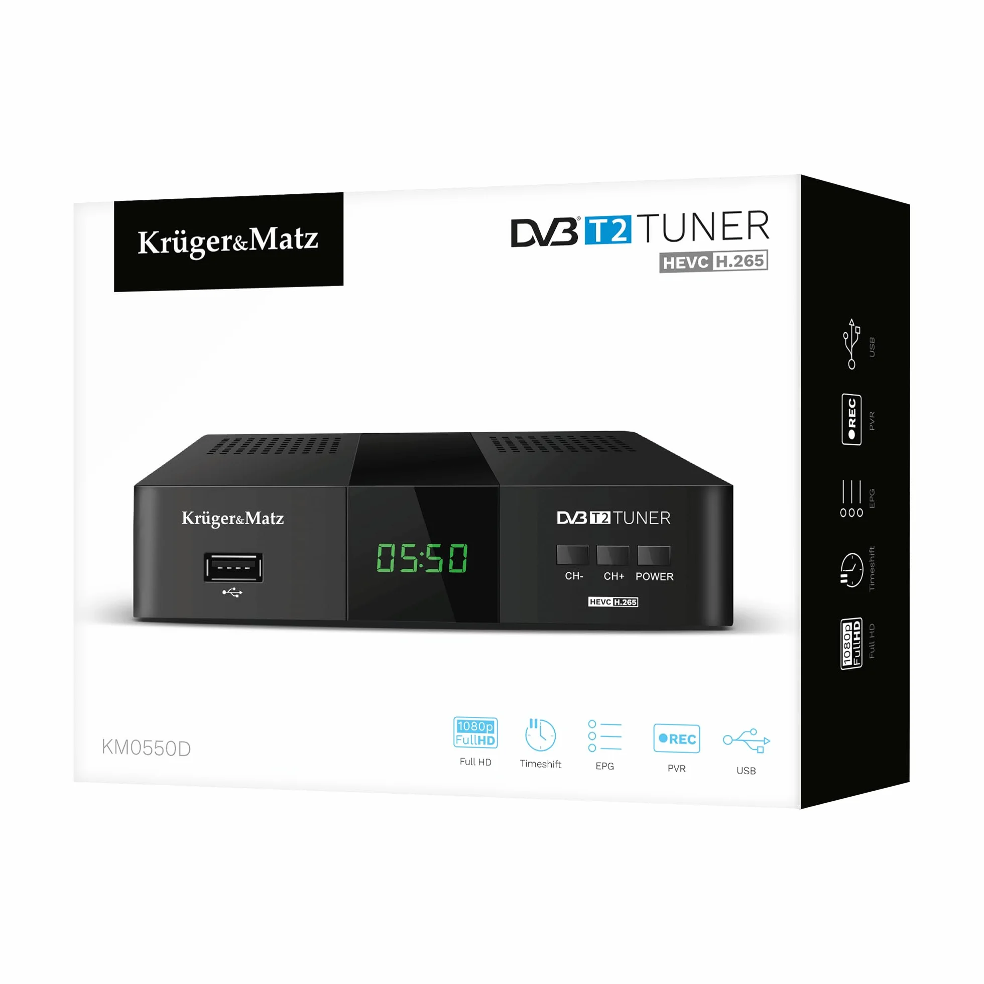 Krüger&Matz Tuner DVB-T2 H.265 HEVC rozdzielczość 1920x1080 px KM0550D Timer Timeshift Telegazeta Ulubione Kanały 512 Mb RAM