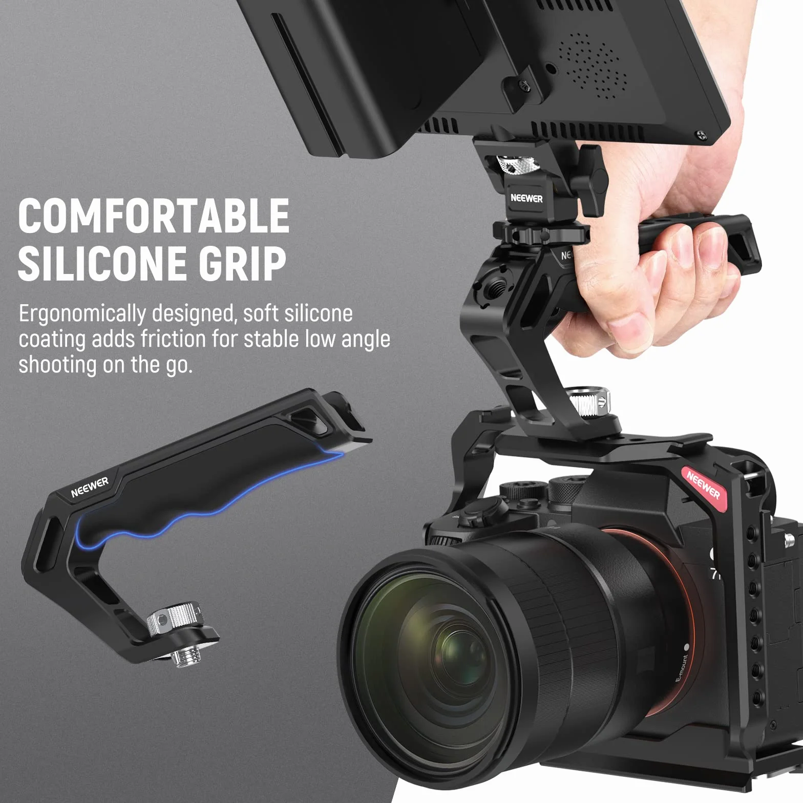 NEEWER Górny uchwyt aparatu z kołkami ustalającymi ARRI 3/8", wygodny silikonowy uchwyt z gwintem 1/4" 3/8" i 3 zimnymi butami, kompatybilny z uchwytami SmallRig, klatkami na aparat, zestawami wideo