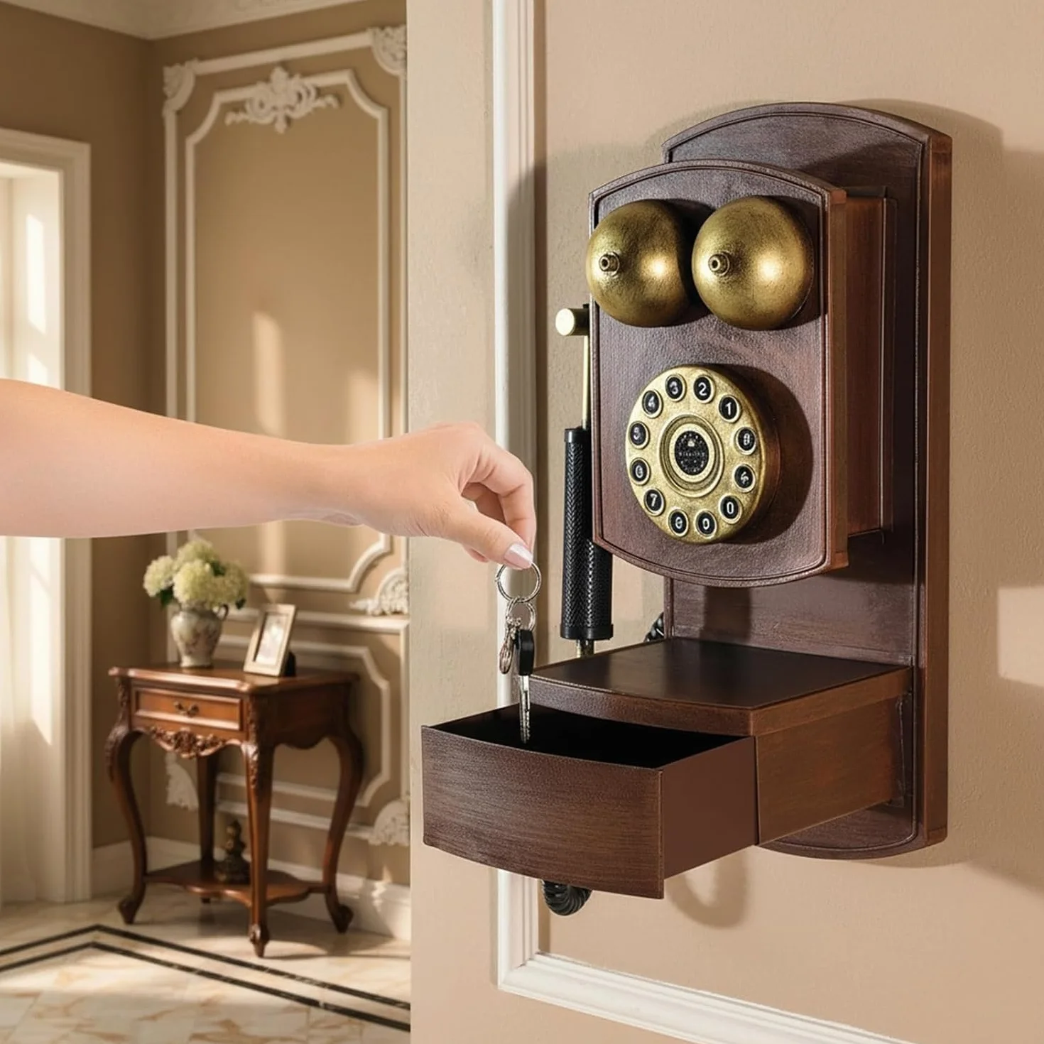 Dekoracja ścienna telefonu w stylu vintage z obrotową tarczą - antyczna ozdoba na telefon stacjonarny do domu, biura lub retro budki - klasyczny rekwizyt kolekcjonerski