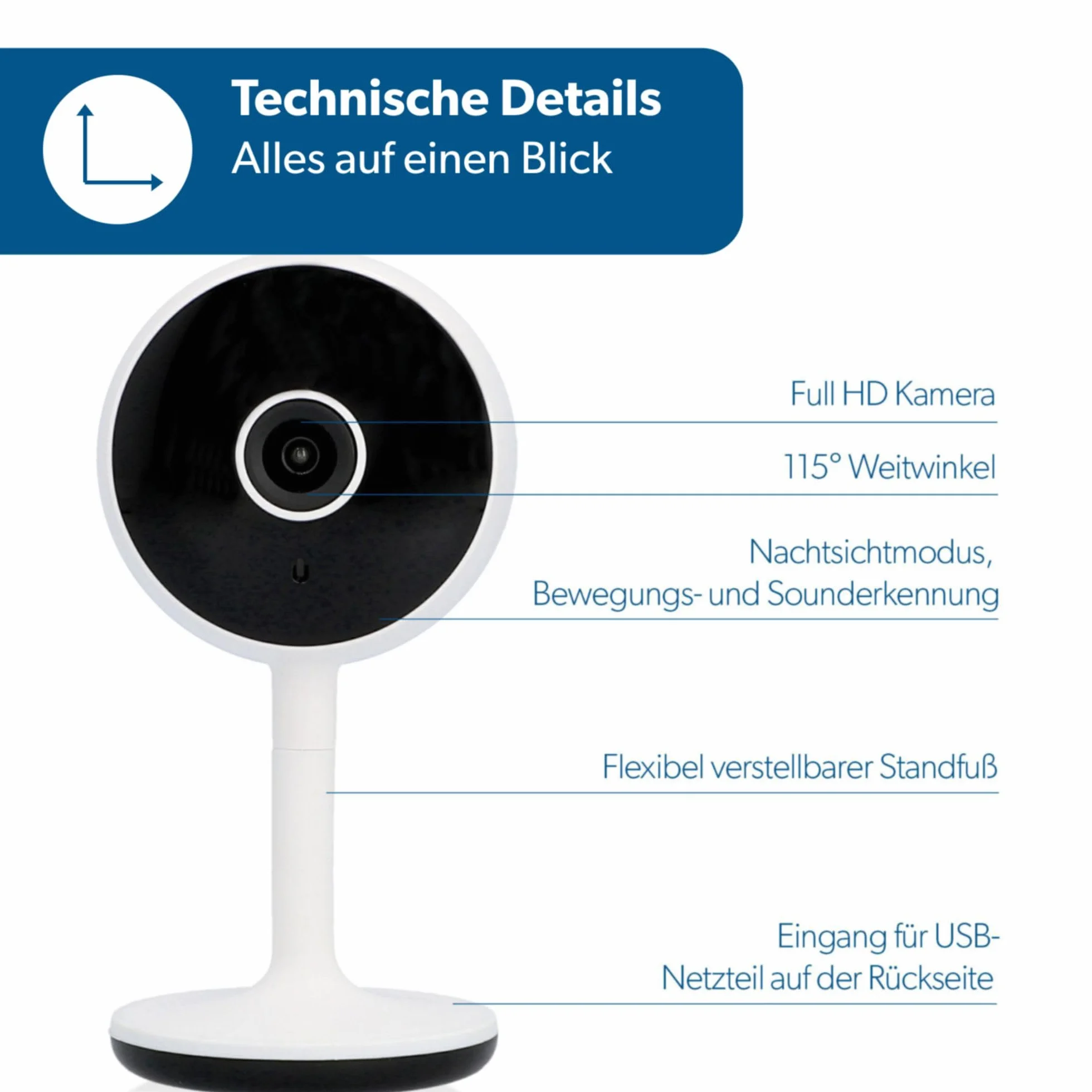 UNITEC Inteligentna kamera monitoringowa WiFi Full HD, wykrywanie ruchu i hałasu, funkcja noktowizora, 1 sztuka (1 opakowanie)