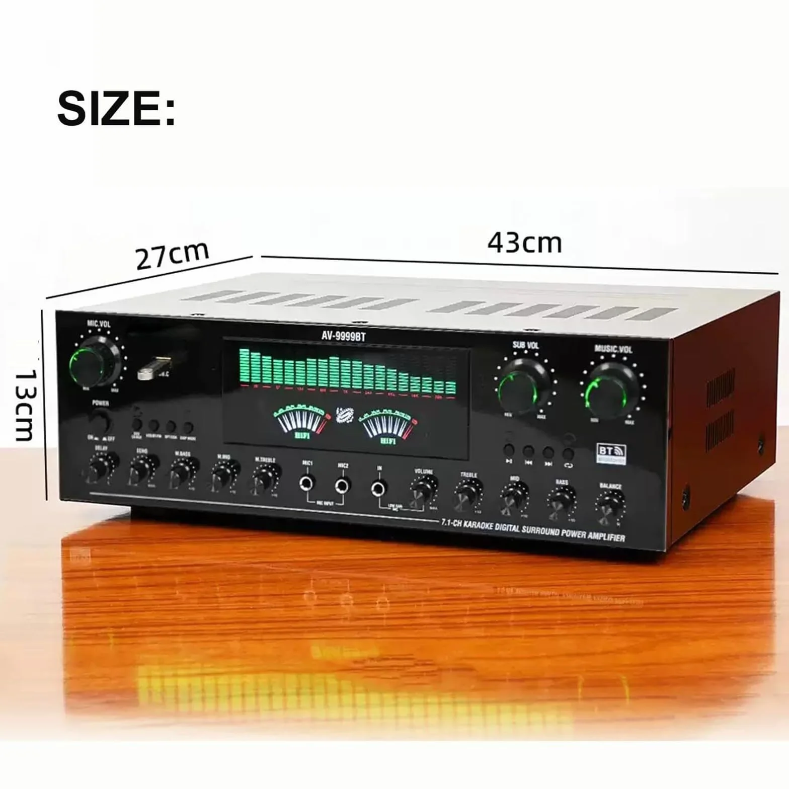 Wzmacniacz audio stereo 7.1, domowy amplituner audio o mocy 1800 W, wzmacniacz Bluetooth 6.0 HiFi, obsługa wejścia DVD/CD/AUX, podwójny dynamiczny ekran, do głośników domowych i karaoke
