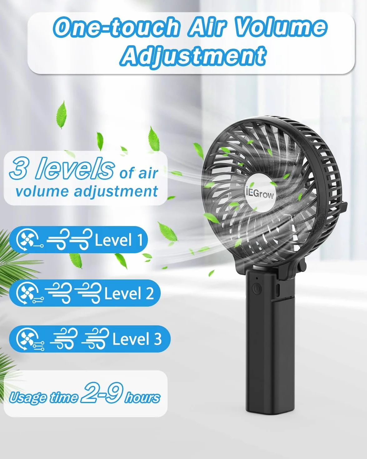 iEGrow USB Ventilator Leise Mini Handventilator Ventilatoren Lüfter mit Batterie Farbe (Schwarz)