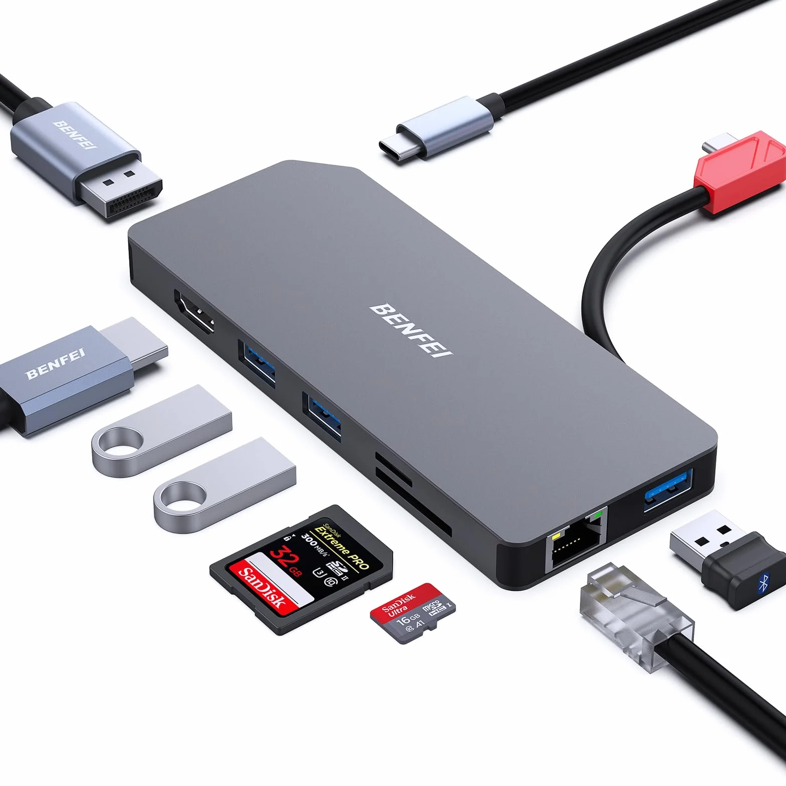 BENFEI 9 w 1 C MST stacja dokująca do laptopa, koncentrator USB-C z podwójnym monitorem HDMI DisplayPort / 3 x USB typu A / czytnik kart SD / TF