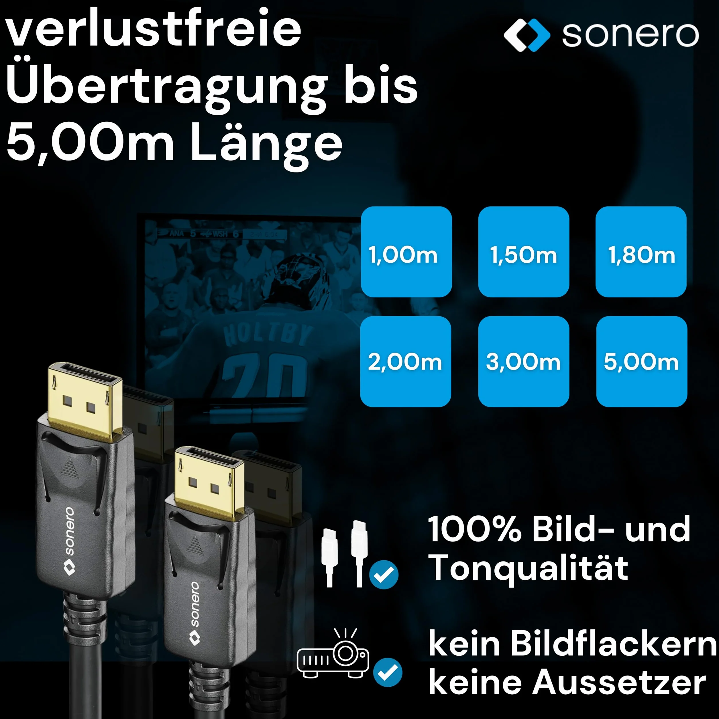 sonero Kabel DisplayPort 1.4 o długości 1,8 m, DisplayPort do DisplayPort, 8K przy 60 Hz, czarny