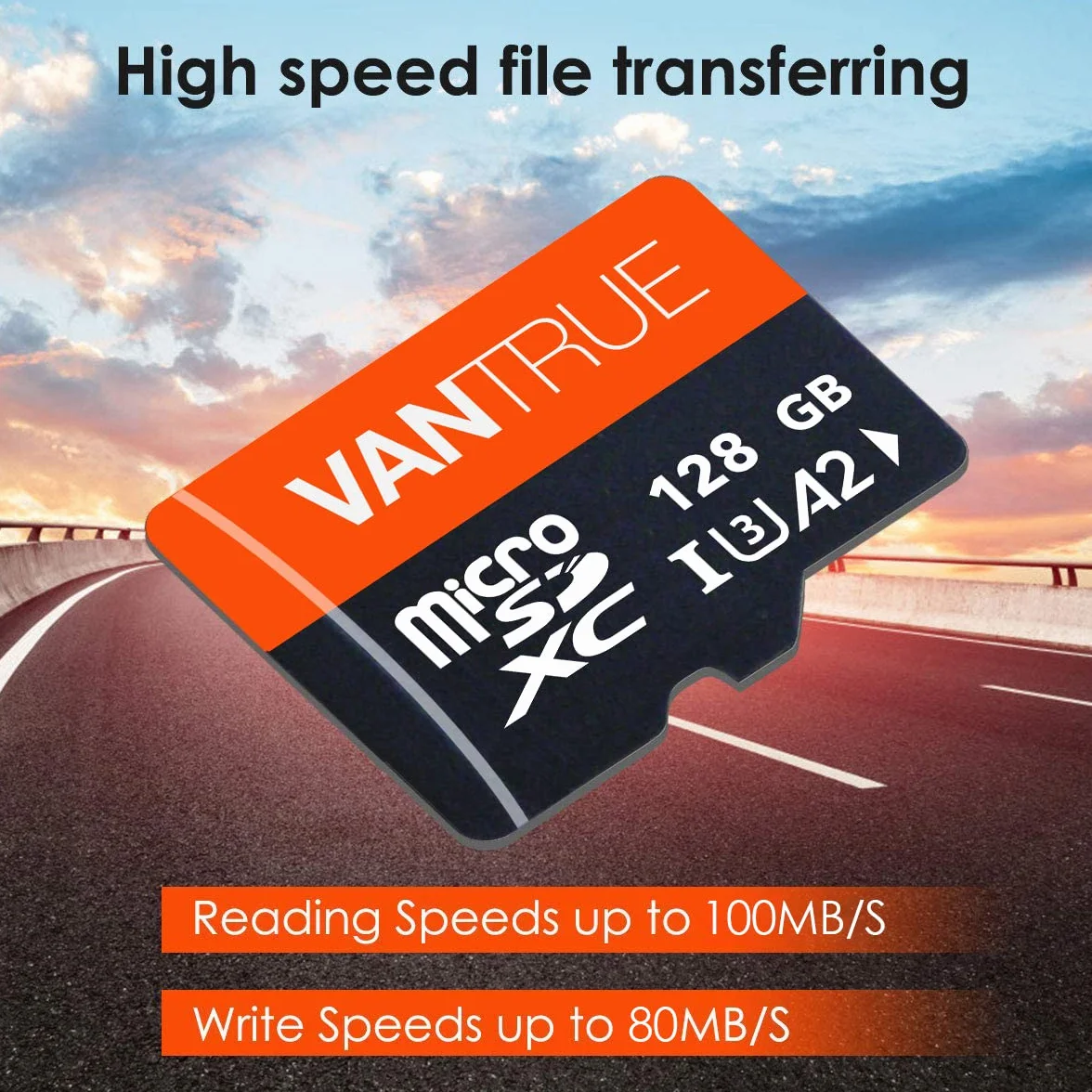 VANTRUE Karta pamięci microSD UHS-I U3 A2 4K, 128 GB, adapter kompatybilny z kamerą pokładową, smartfonem, tabletem, kamerą akcji i kamerą monitorującą (128 GB)