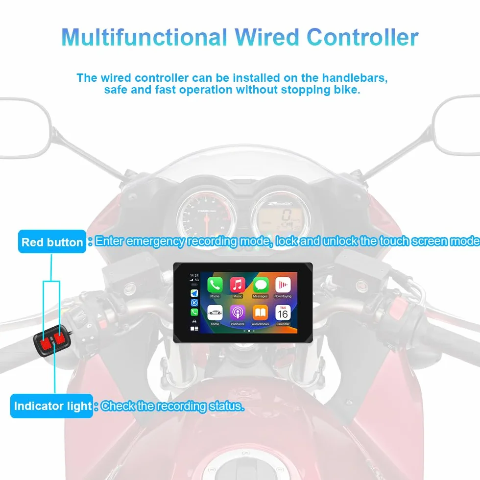 Wyświetlacz VSYSTO Motorrad Carplay, Bezprzewodowy Carplay i Android Auto, Nawigacja GPS, Czujniki Ciśnienia w Oponach, 5-Calowy Ekran Dotykowy WiFi HD 1080P Przednia i Tylna Kamera Motocyklowa (CS5)