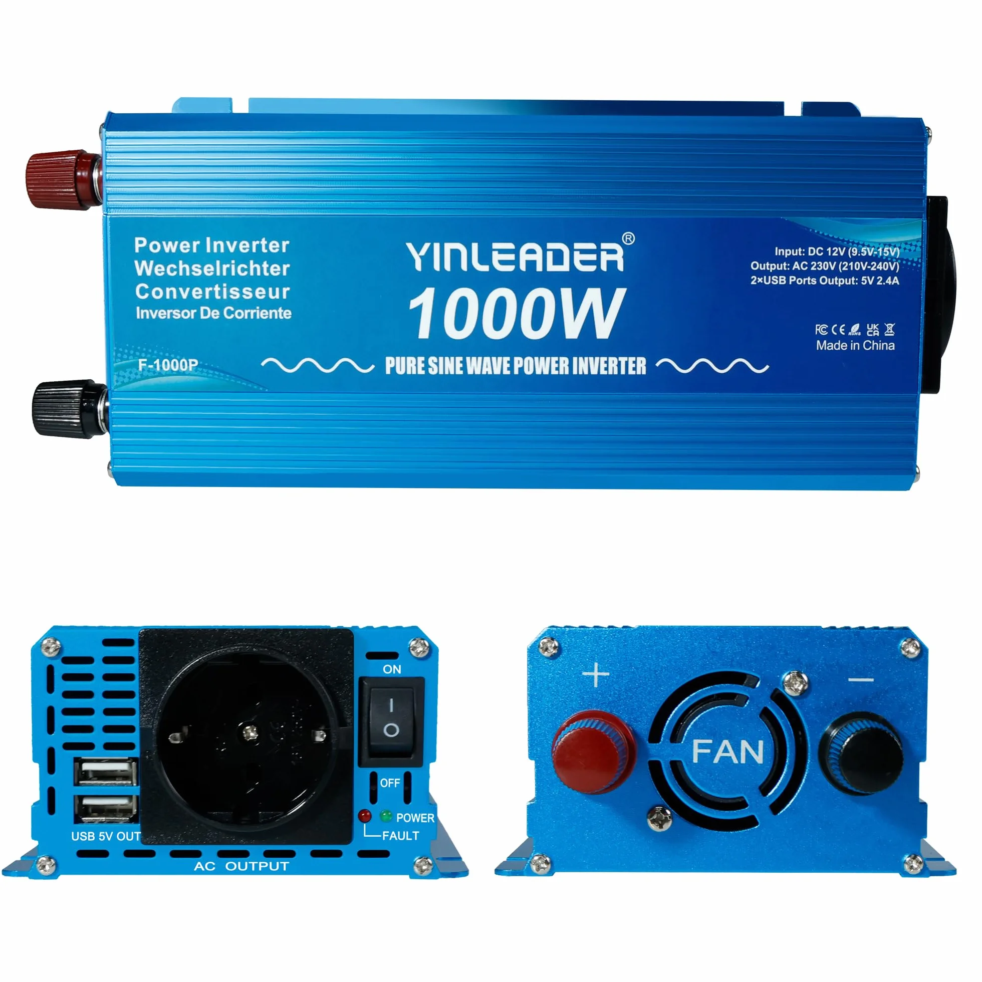 Yinleader Konwerter 1000 W, 12 V, 230 V, czysty falownik, 12 V, 220 V, przetwornica napięcia, 2 porty USB, gniazda AC, do samochodu kempingowego