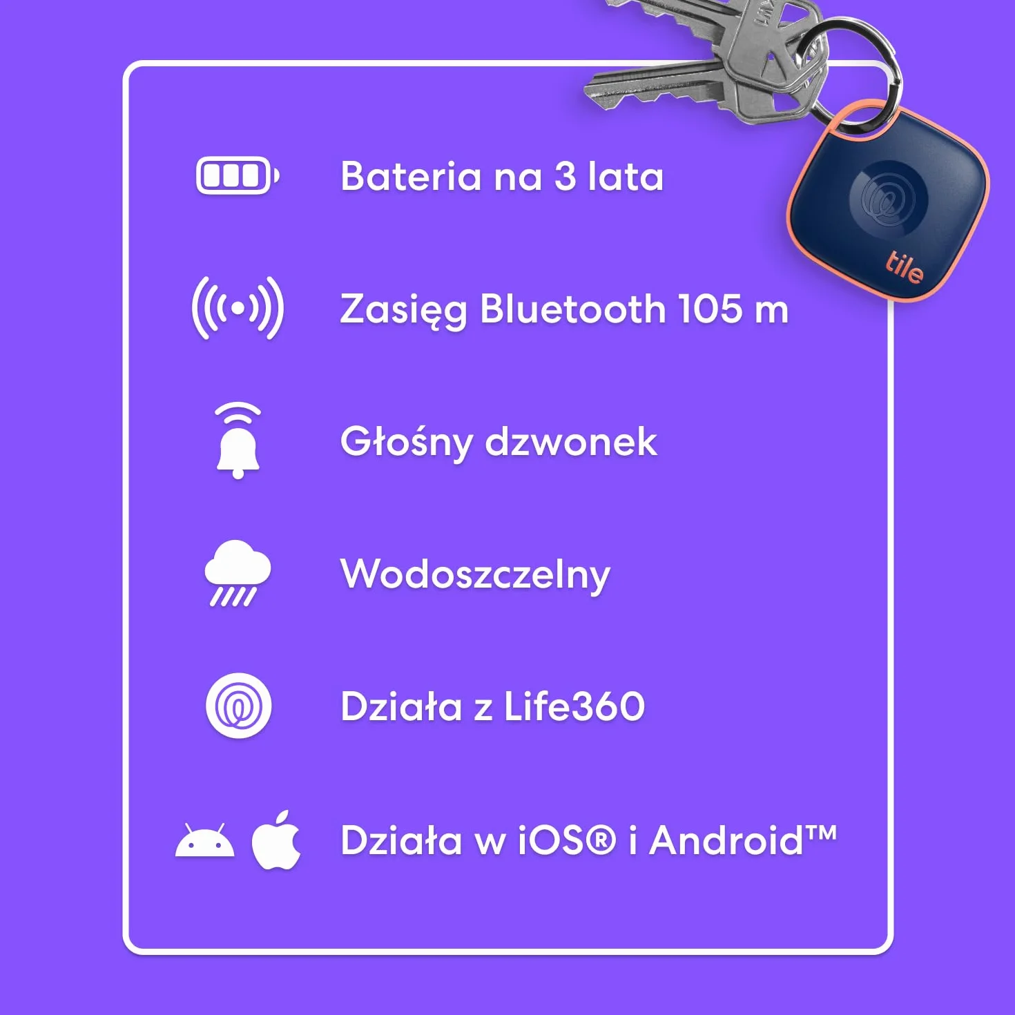 Tile by Life360 Mate - lokalizator Bluetooth do znajdowania kluczy, torebek i innych rzeczy. Znajdowanie telefonu. Zgodność: iOS i Android. 1 szt. (navy blaze)