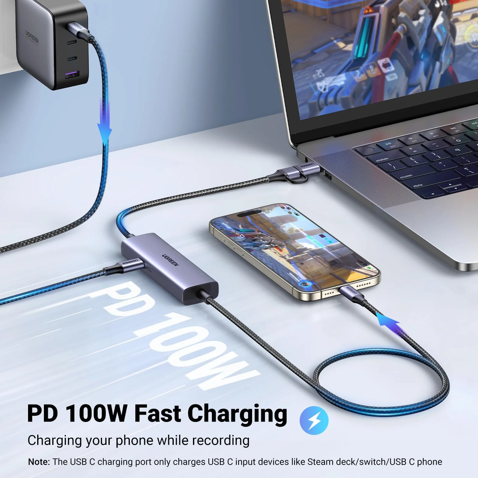 UGREEN 4K Video Capture Card and PD 100W Charging, USB-A/USB C Video Capture Card do nagrywania Full HD 4K, 2K@30Hz i szybkiego ładowania, urządzenie do przechwytywania wideo dla Switch/Phone/PC
