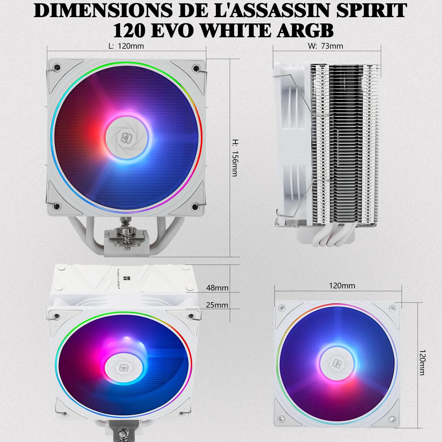 TR Assassin Spirit 120 EVO WHITE ARGB Chłodzenie procesora, 4 rury cieplne, TL-S12W-S PWM Cichy wentylator CPU ARGB Chłodzenie powietrza, obsługa AMD AM4/AM5&Intel 1700/1150/1151/1200