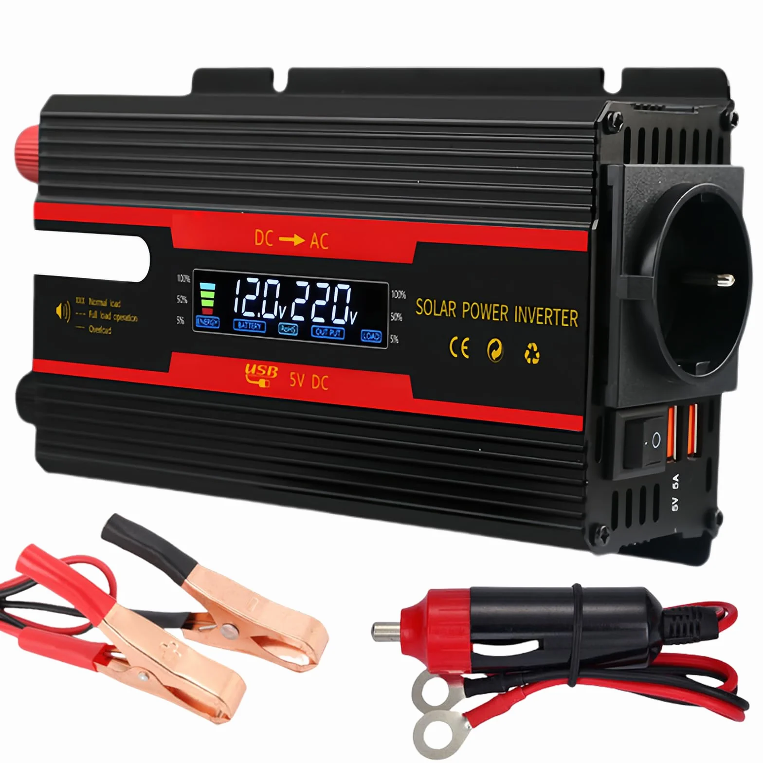 Przetwornica napięcia DC 12 V/24 V na AC 230 V, zmodyfikowana fala sinusoidalna, 2000 W, z wtyczkami UE, 2 USB i wyświetlaczem LCD, adapter do samochodu, ciężarówki, przyczepy kempingowej