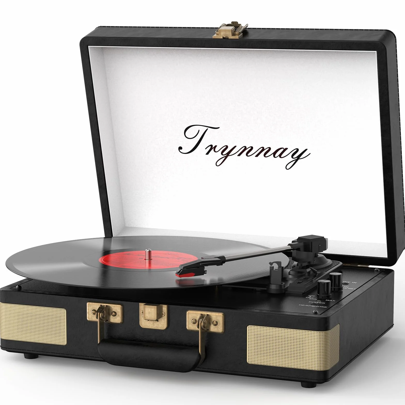 Trynnay Gramofon, 3-biegowy Bluetooth, przenośny odtwarzacz winylowy z wbudowanymi głośnikami, gramofon, ulepszony dźwięk audio, skóra PU, czarny vintage