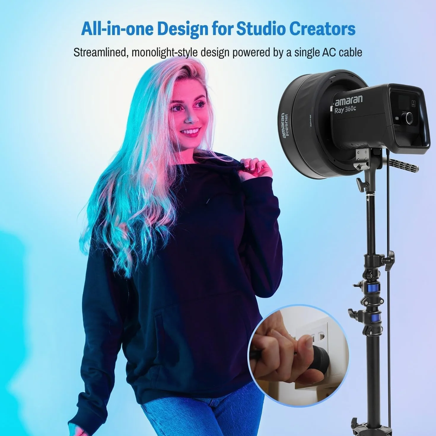 Amaran Ray 360c 360W RGBWW LED Video Monolight, CCT 1800-20000K, sterowanie aplikacją/DMX 12 efektów, wyjście COB 17.130 Lux@1m, silnik OmniColor dla wiernych kolorów, mocowanie Bowens do studio i na