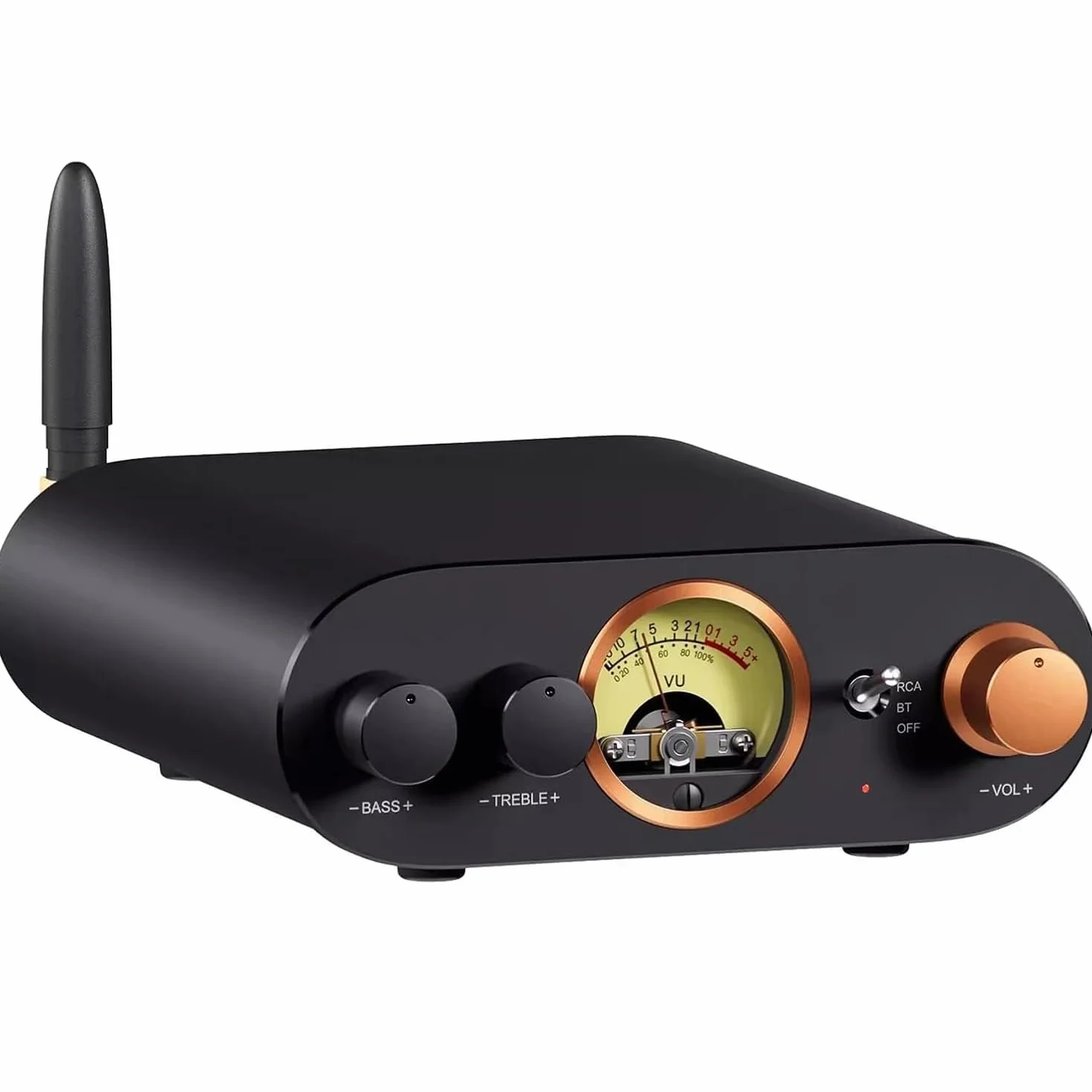 Wzmacniacz stereo Bluetooth, 2-kanałowy odbiornik HiFi z miernikiem VU i regulacją tonów niskich do głośników pasywnych