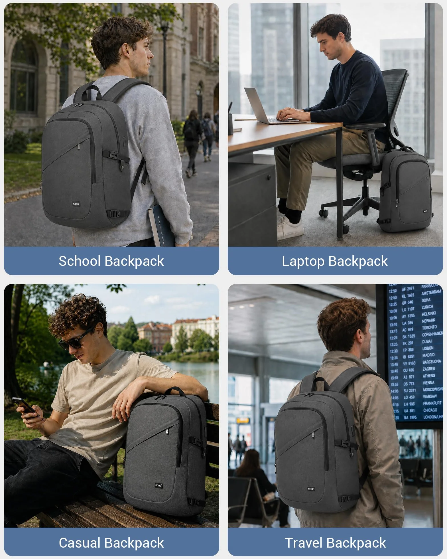 KONO Plecak na Laptop z Portem USB (Przepust na Kabel), Wodoodporny Plecak Męski Biznesowy, Plecak do Pracy i Podróży, 15,6/17,3 Cala