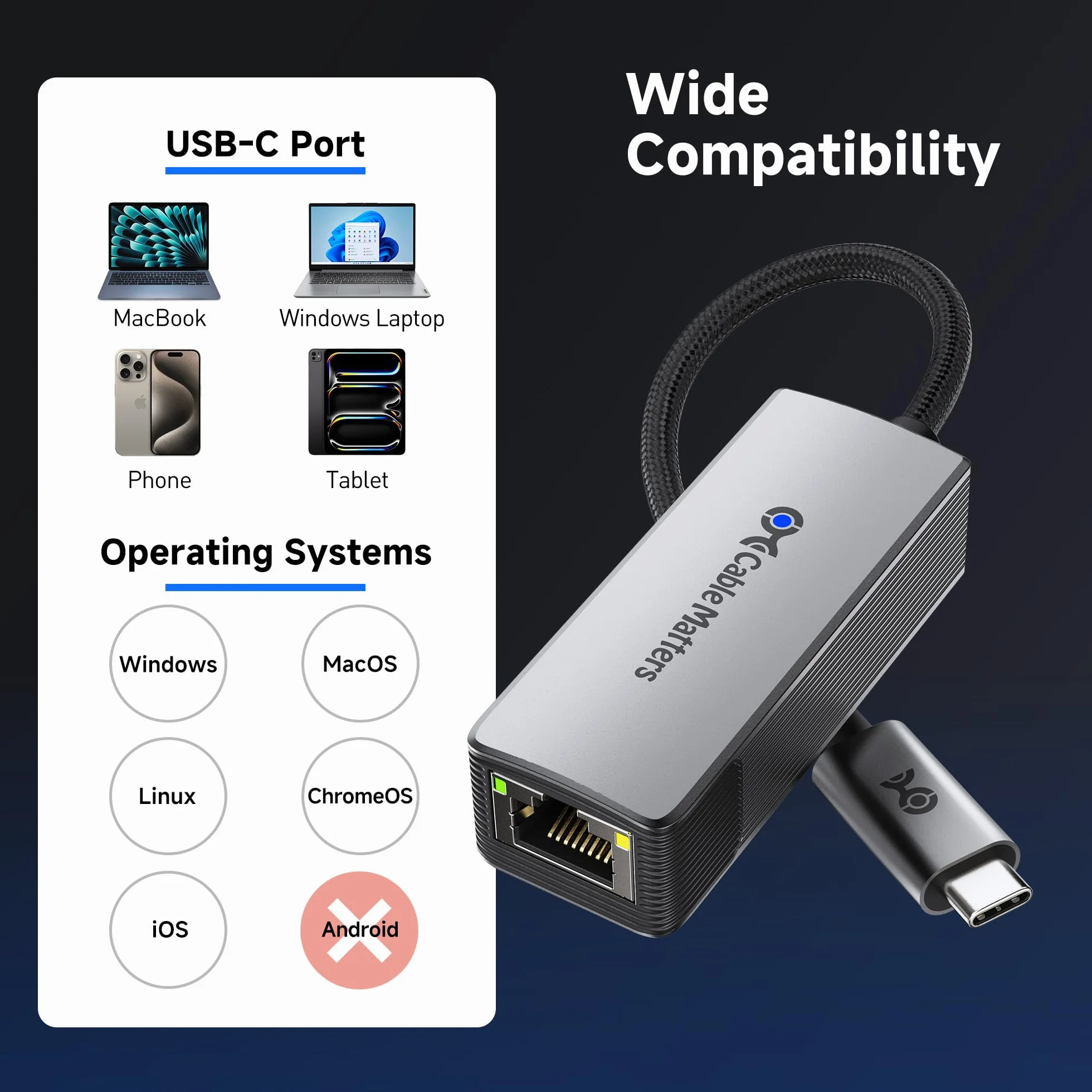 Cable Matters Adapter USB-C do Ethernet 10 Gb, Cichy i Niskotemperaturowy | Rzeczywista prędkość ok. 7 Gbps w Windows i 5 Gbps w macOS, zgodny z USB4 i Thunderbolt 5/4/3
