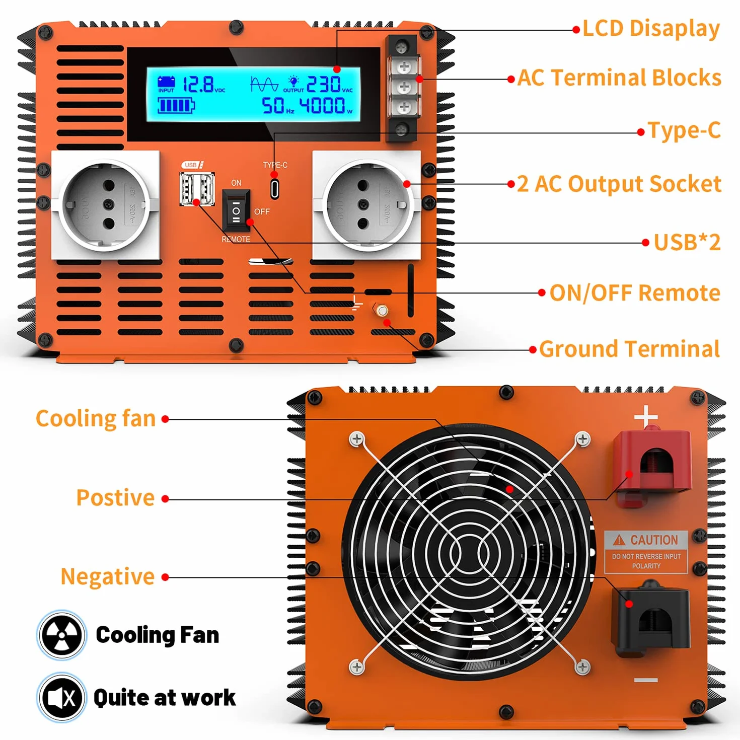Falownik 12V 230V Czysty Sinus 4000W Przetwornica Napięcia z Pilotem Zdalnego Sterowania i Ekranem LCD i 2 Gniazdkami UE i 2 x port USB i Port typu C Solar Power Inverter (2 lata gwarancji)